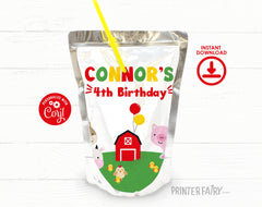 Farm Birthday Drink Pouch Label, Editable Barnyard Animals Party Template (Digital Download)