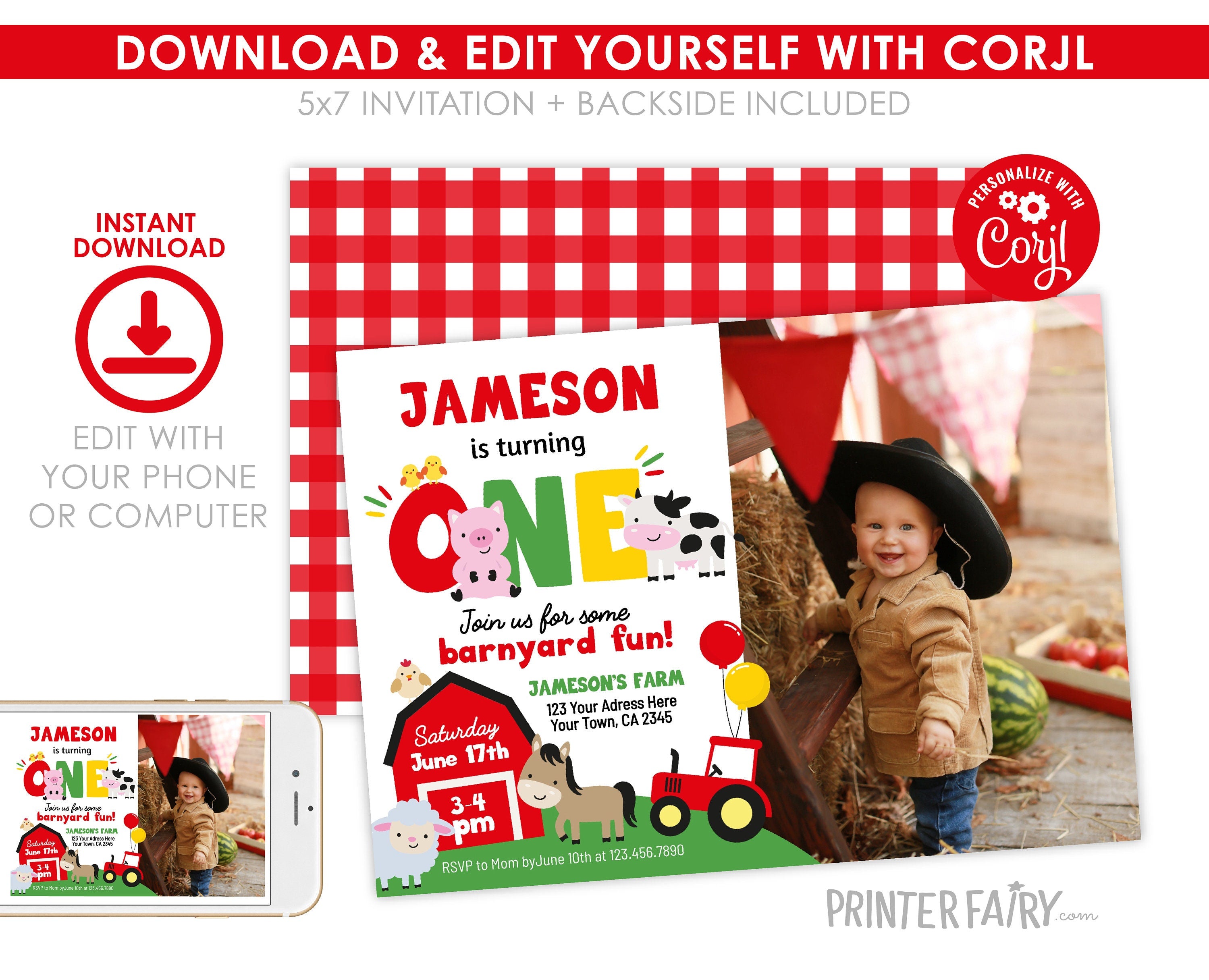 Farm First Birthday Invitation, Editable Barnyard Party Template (Digital Download)