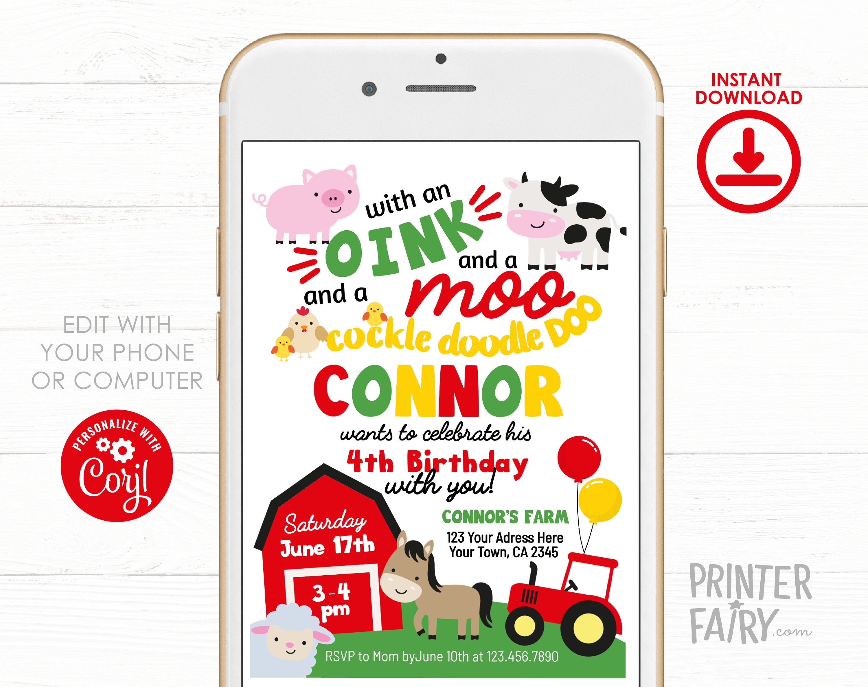 Farm Animals Birthday Invitation, Editable Barnyard Party (Instant Download)