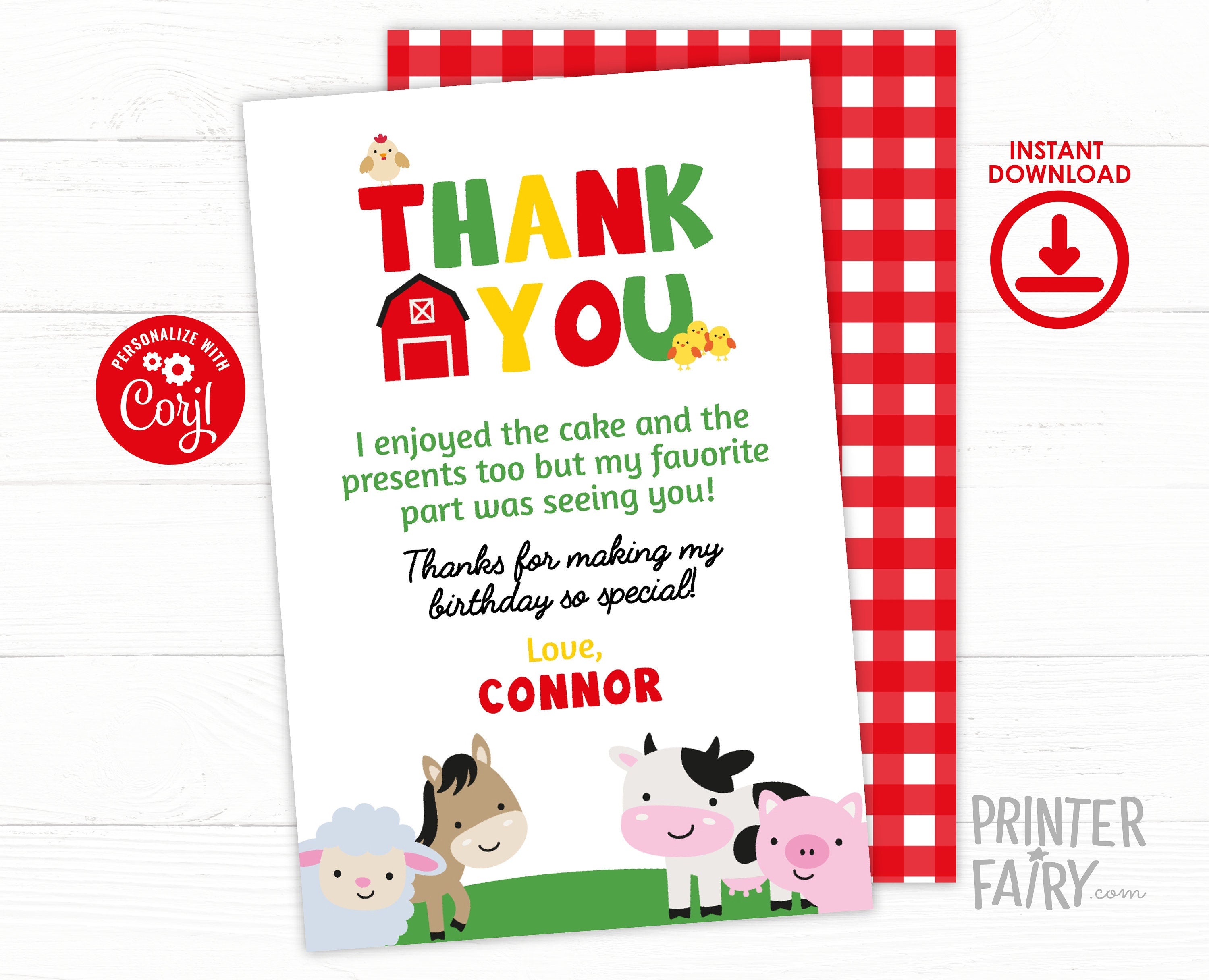 Farm Birthday Thank You Card, Animals, Barnyard Party (Instant Download)