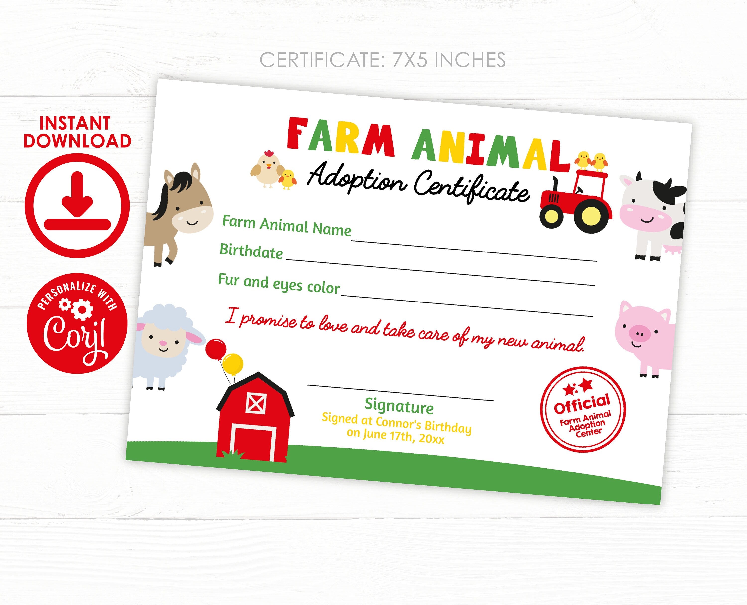 Farm Animal Adoption Party Set, Sign & Certificate (Digital Download)