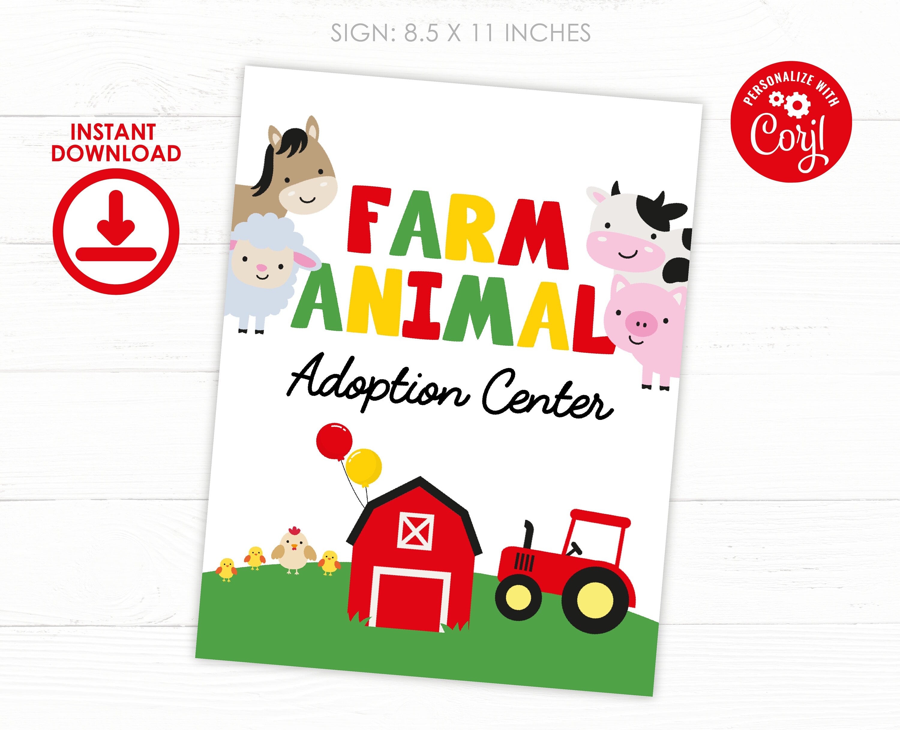 Farm Animal Adoption Party Set, Sign & Certificate (Digital Download)