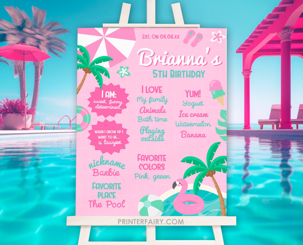 Pool Party Birthday Board, Pink Stats Sign (Editable Digital Item)