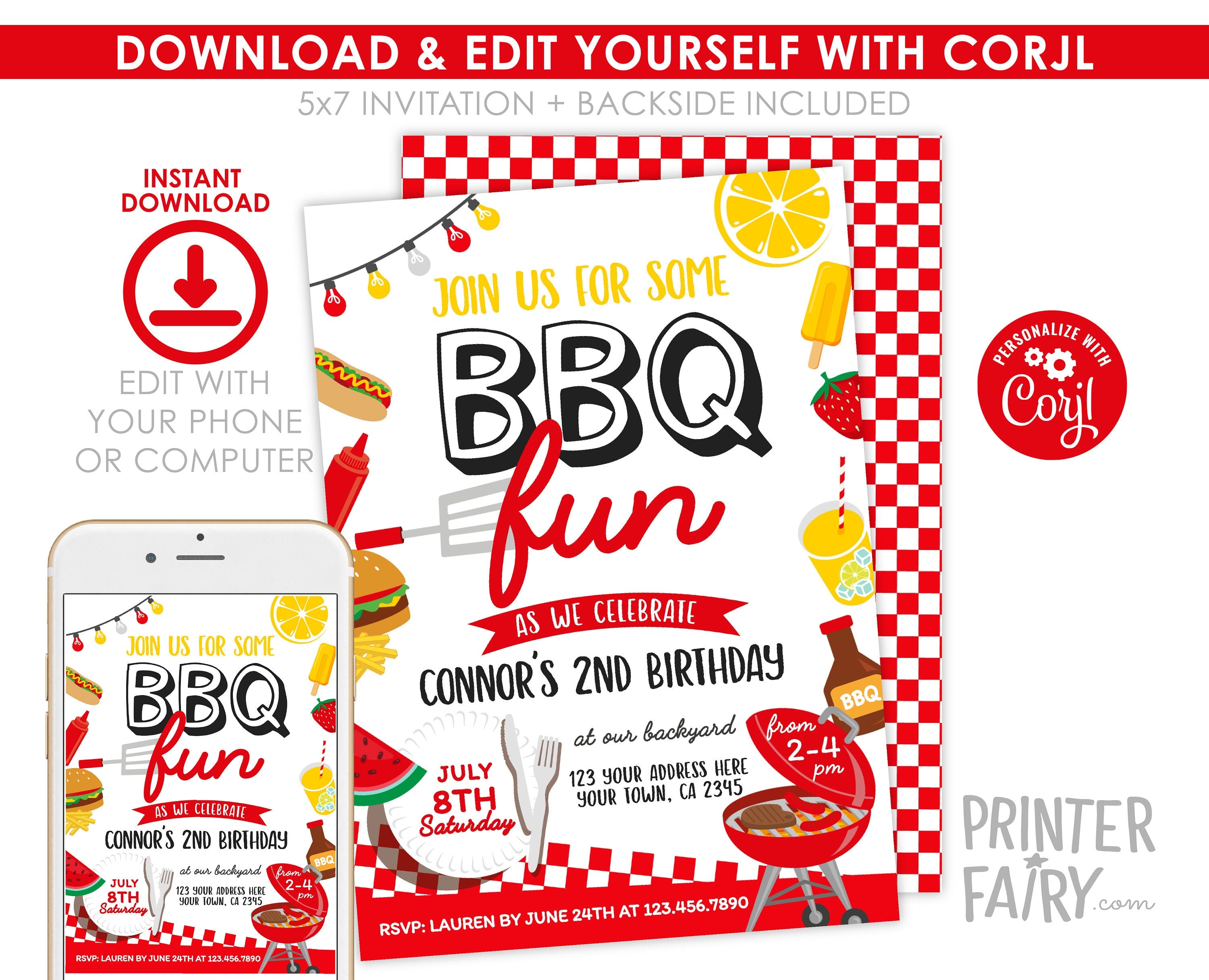 BBQ Birthday Party Invitation Editable Template for any age, Digital or Printable, Instant Download