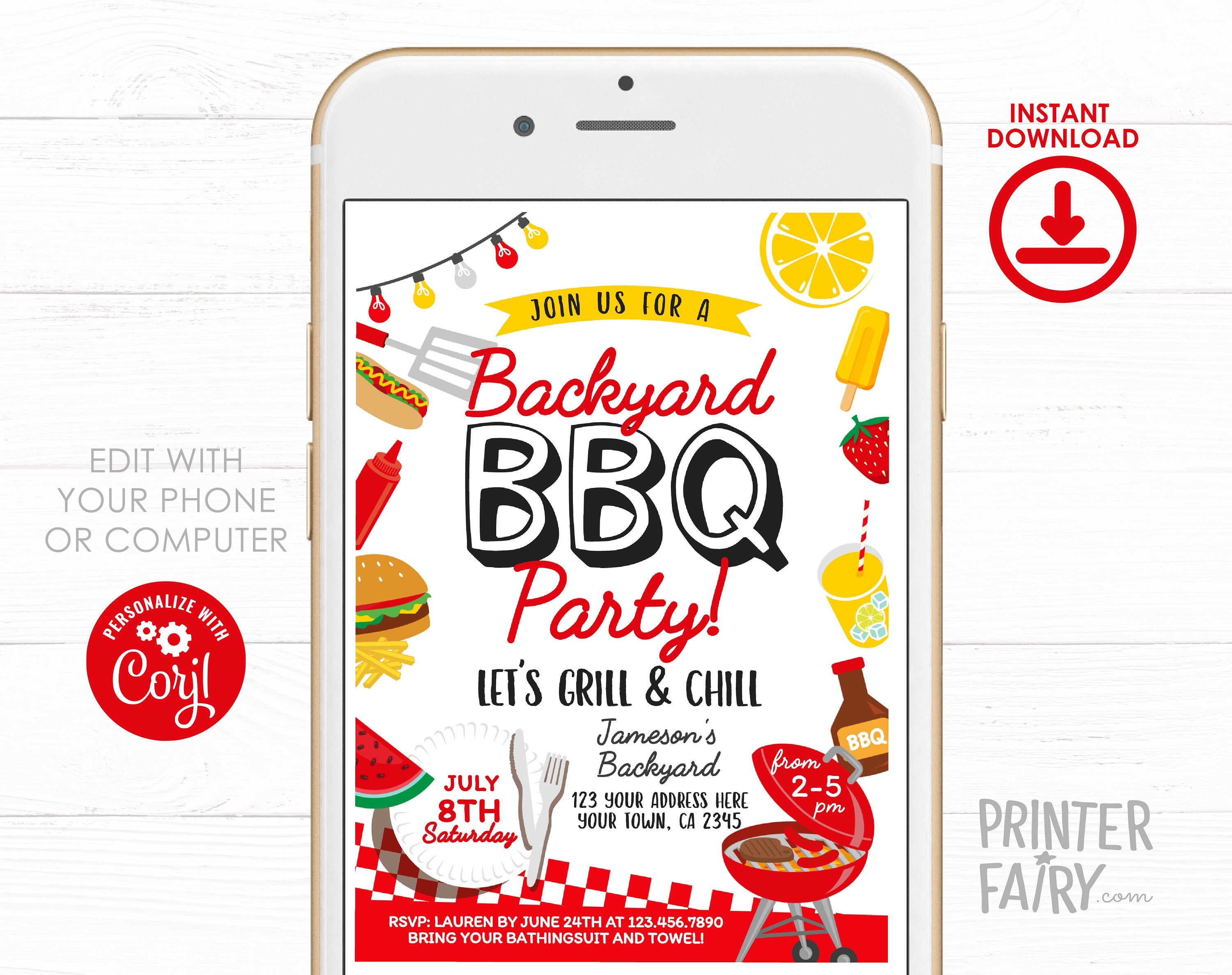 BBQ Party Invitation Editable Template, Digital Printable Design, Instant Download