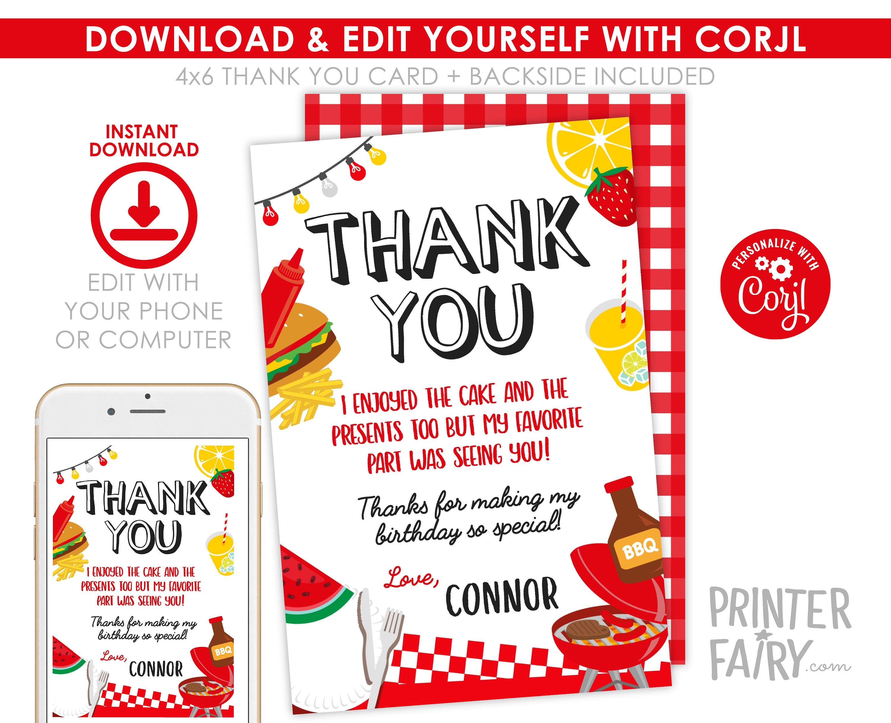 BBQ Birthday Thank You Card, Editable Printable (Instant Download 4x6in)