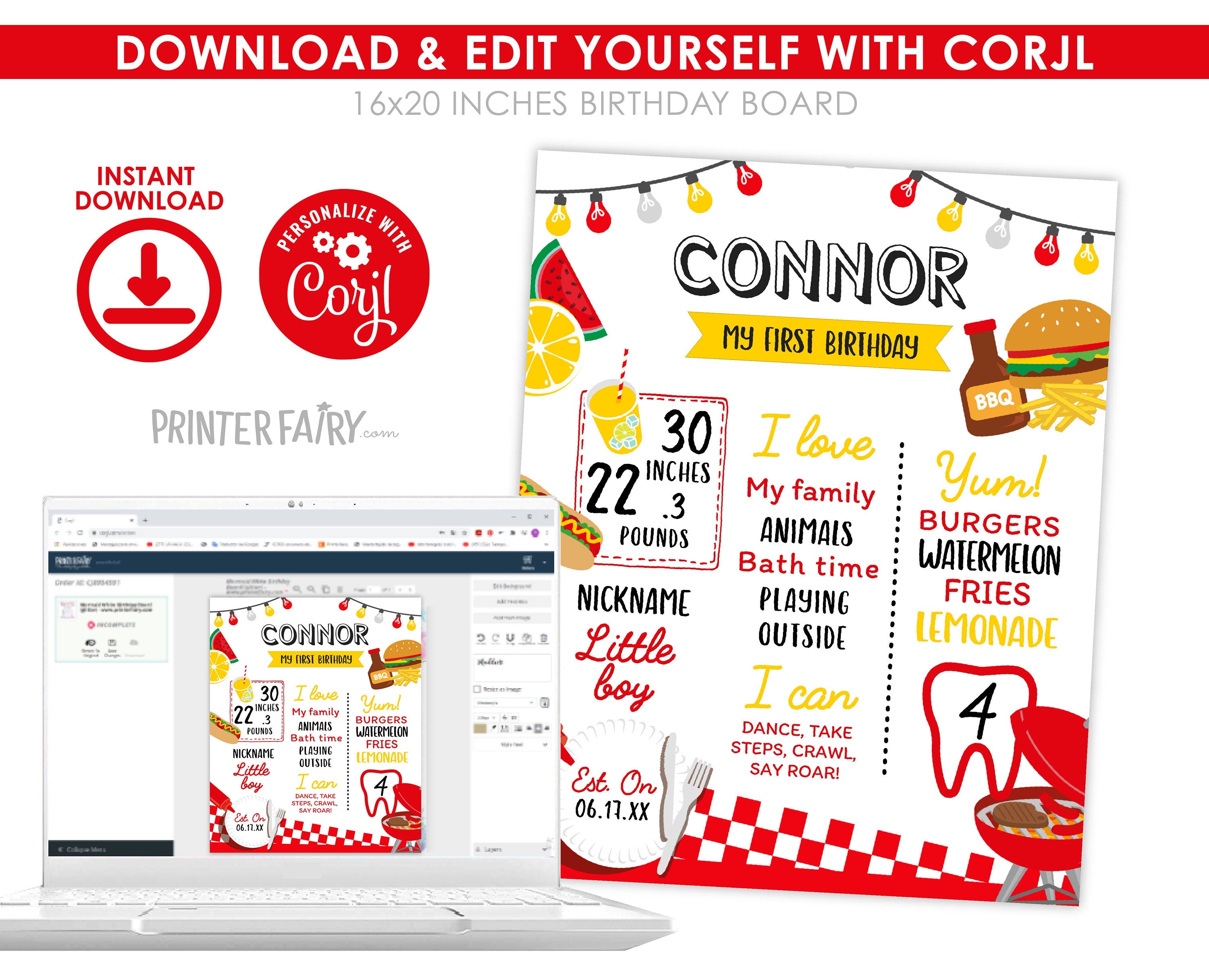 BBQ First Birthday Stats Sign Editable Template, Digital Printable Design, Instant Download