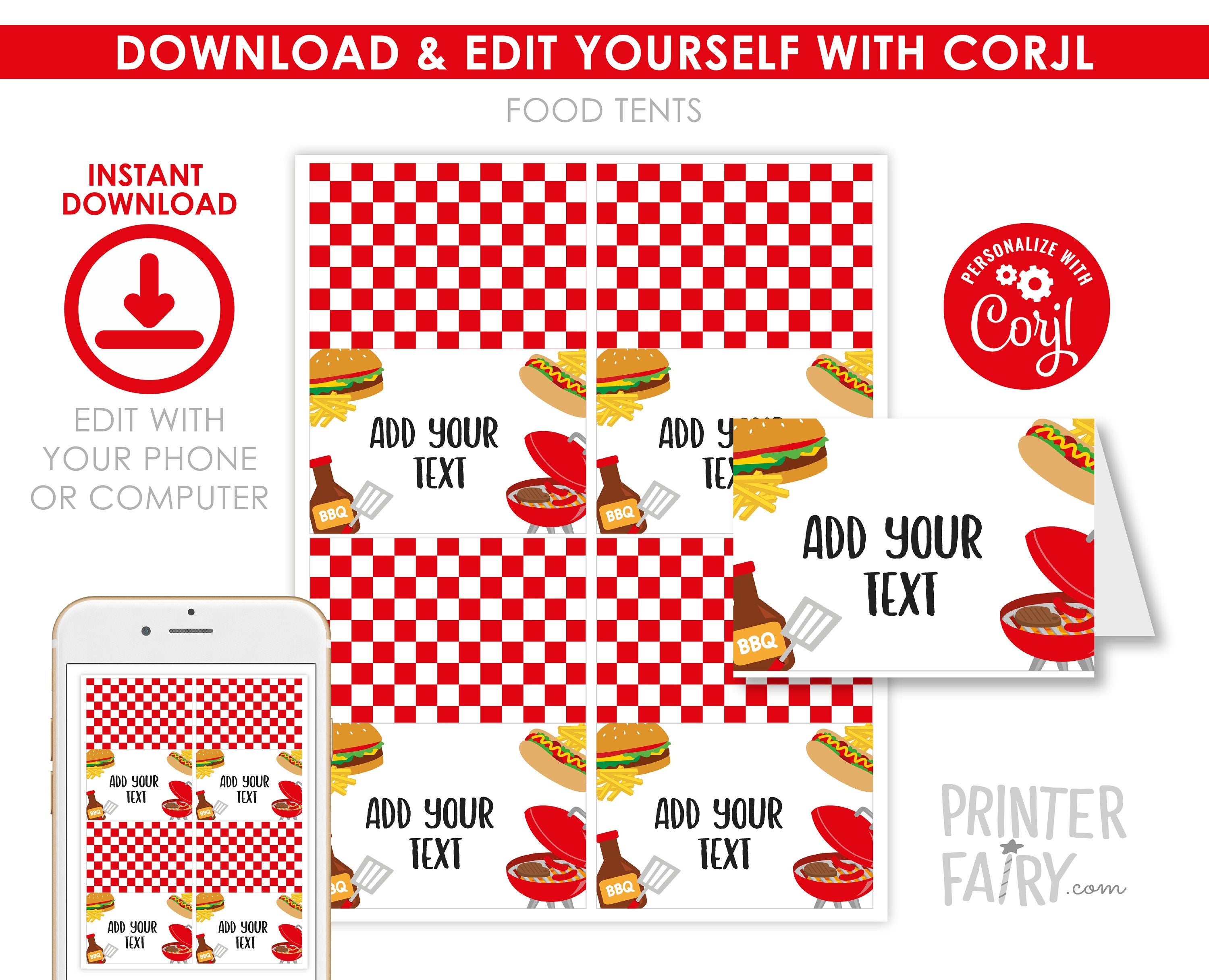 BBQ Birthday Party Food Tents, Editable Printable (Download File)