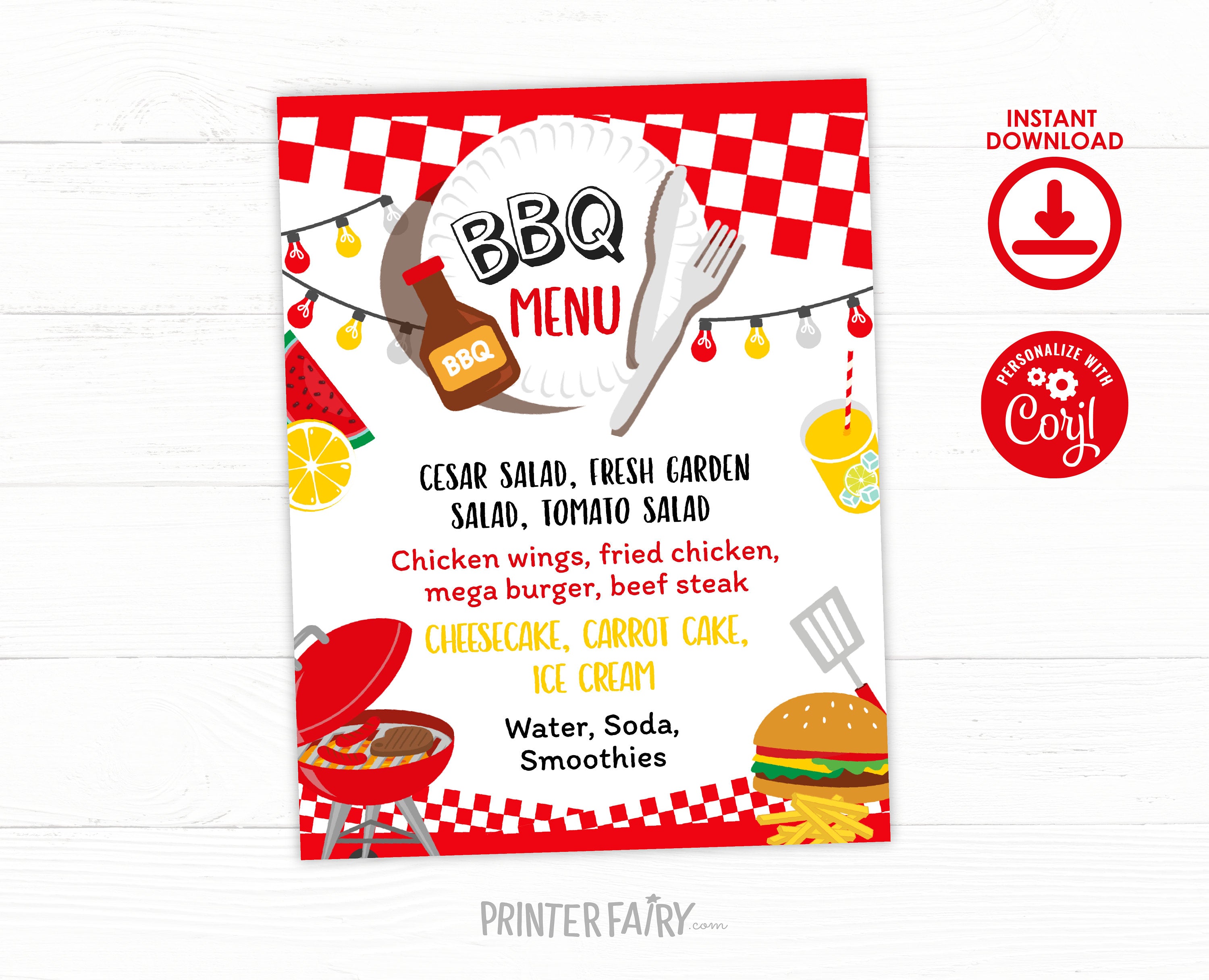 BBQ Party Menu Sign Editable Template, Digital Printable Design, Instant Download