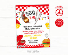 BBQ Party Menu Sign Editable Template, Digital Printable Design, Instant Download