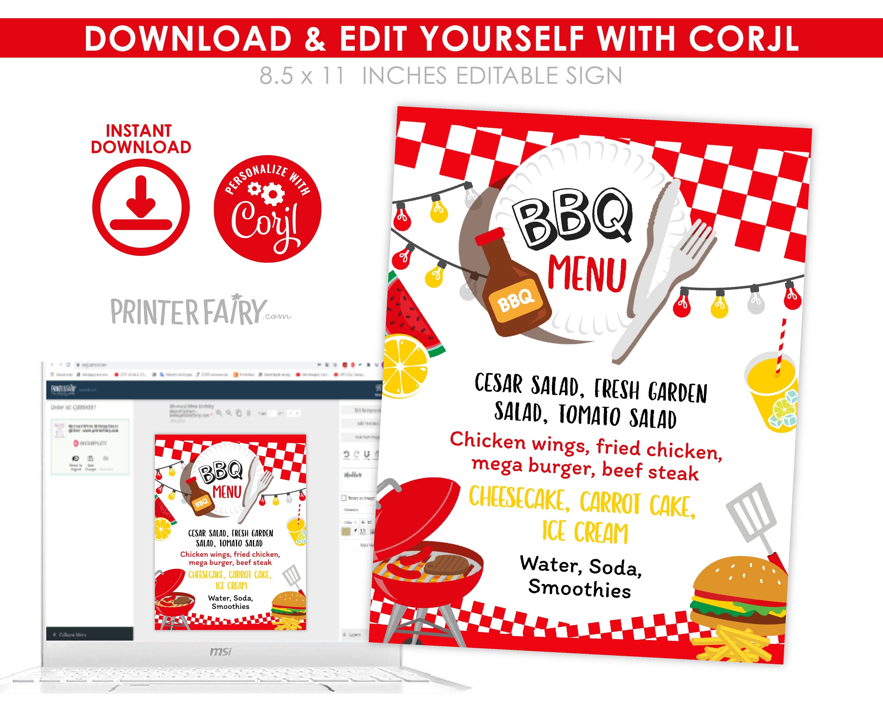 BBQ Party Menu Sign Editable Template, Digital Printable Design, Instant Download