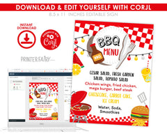 BBQ Party Menu Sign Editable Template, Digital Printable Design, Instant Download