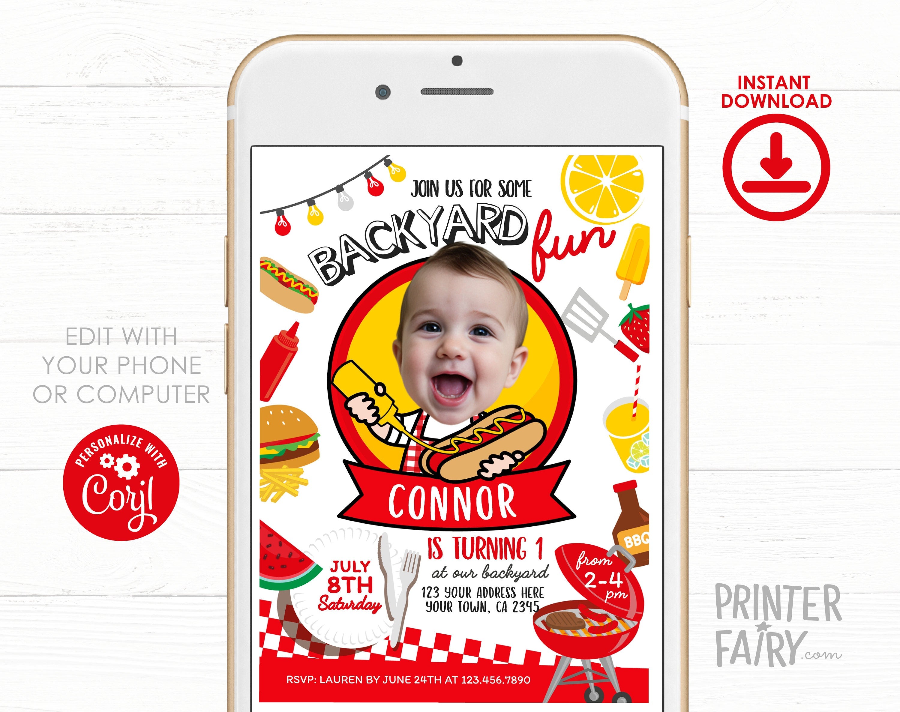BBQ Birthday Party Invitation with Photo Editable Template, Digital Printable Design, Instant Download
