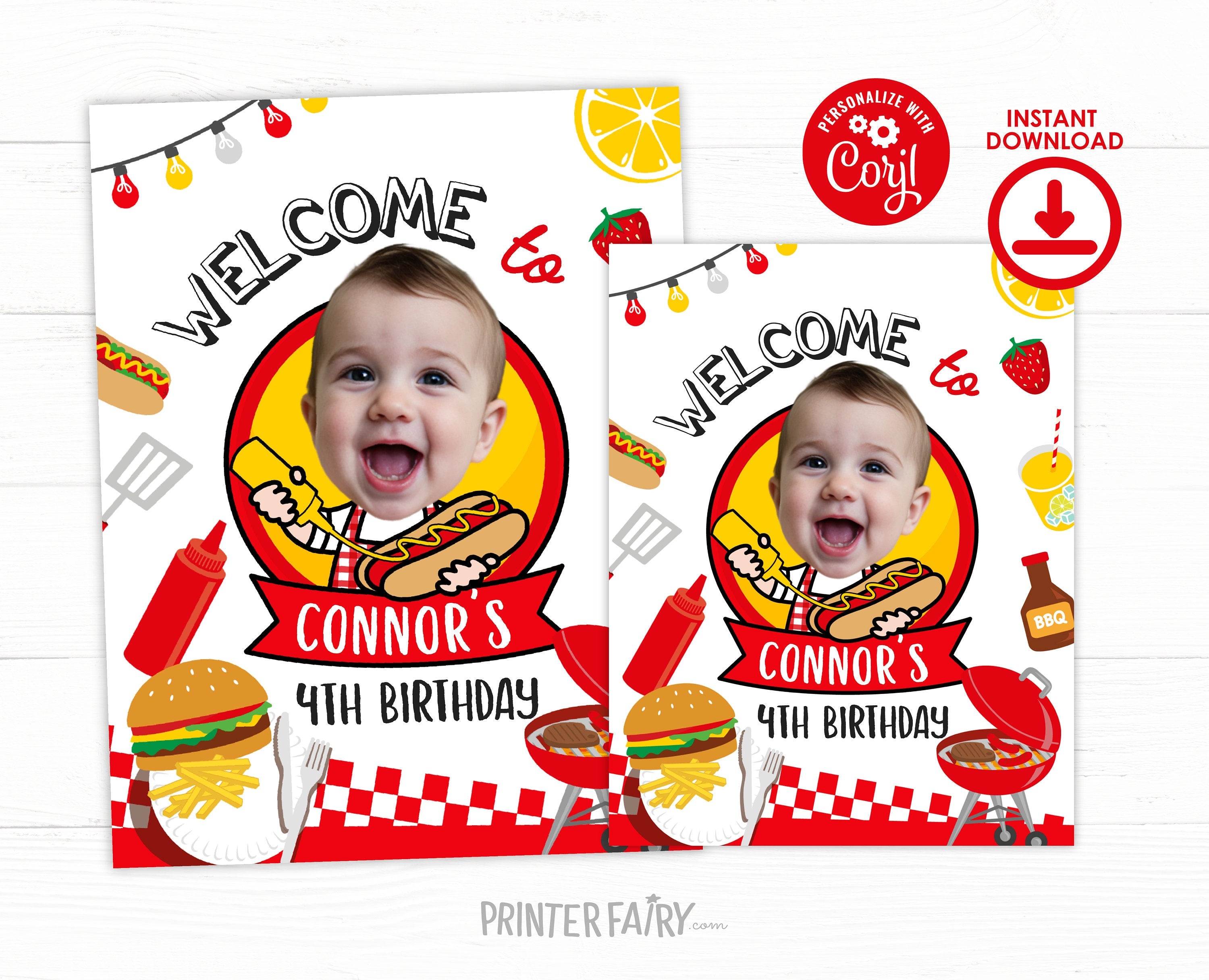 BBQ Birthday Party Welcome Sign with Photo Editable Template, Digital Printable Design, Instant Download