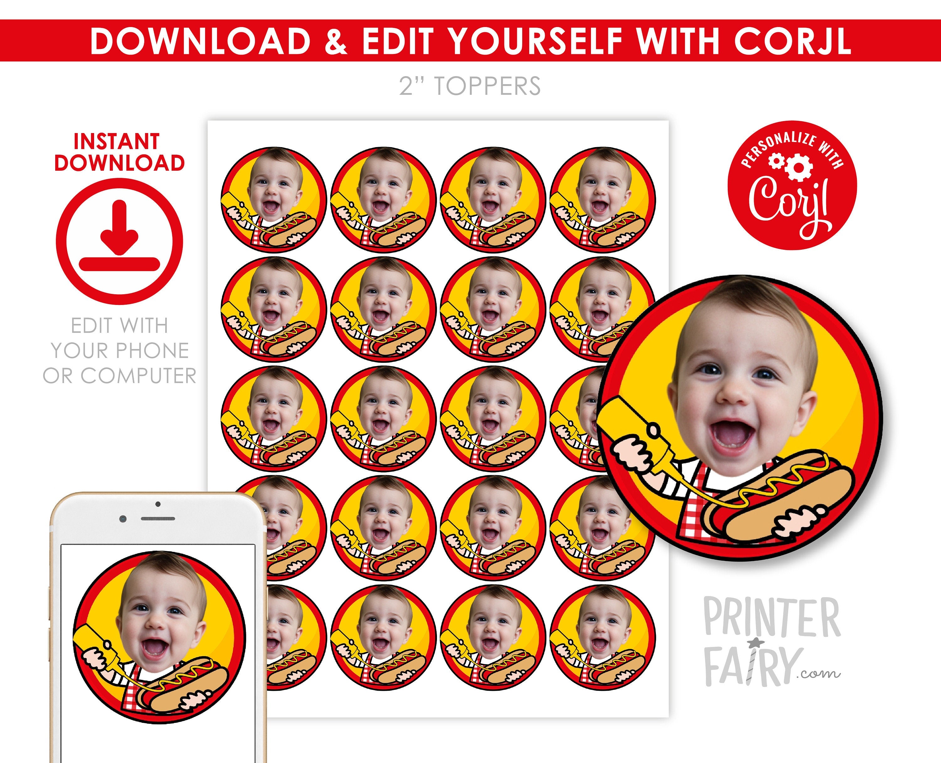 BBQ Birthday Party Toppers with Photo, Digital Printable Party Decorations, Instant Download
