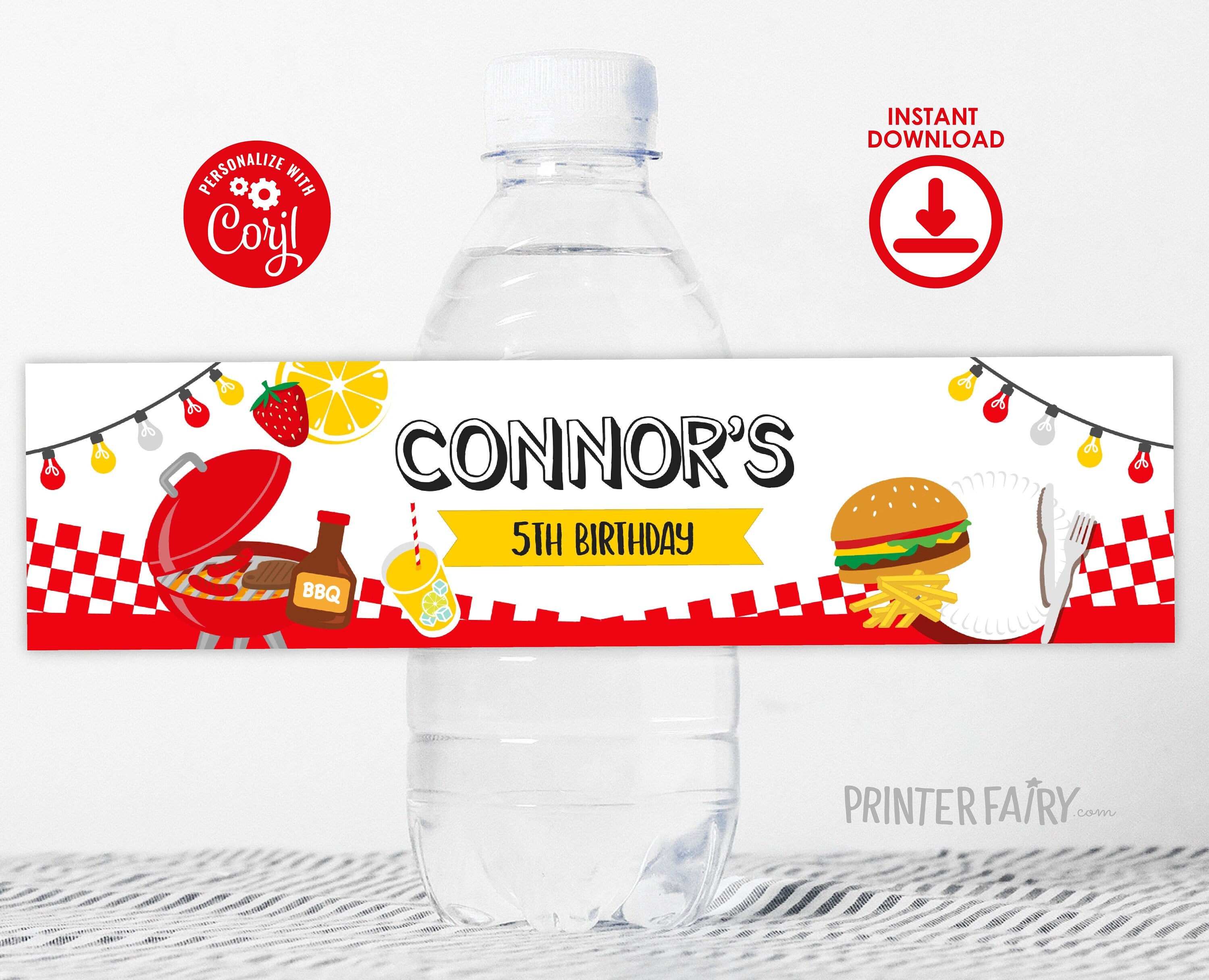 BBQ Party Water Bottle Label Editable Template, Party Decorations, Instant Download