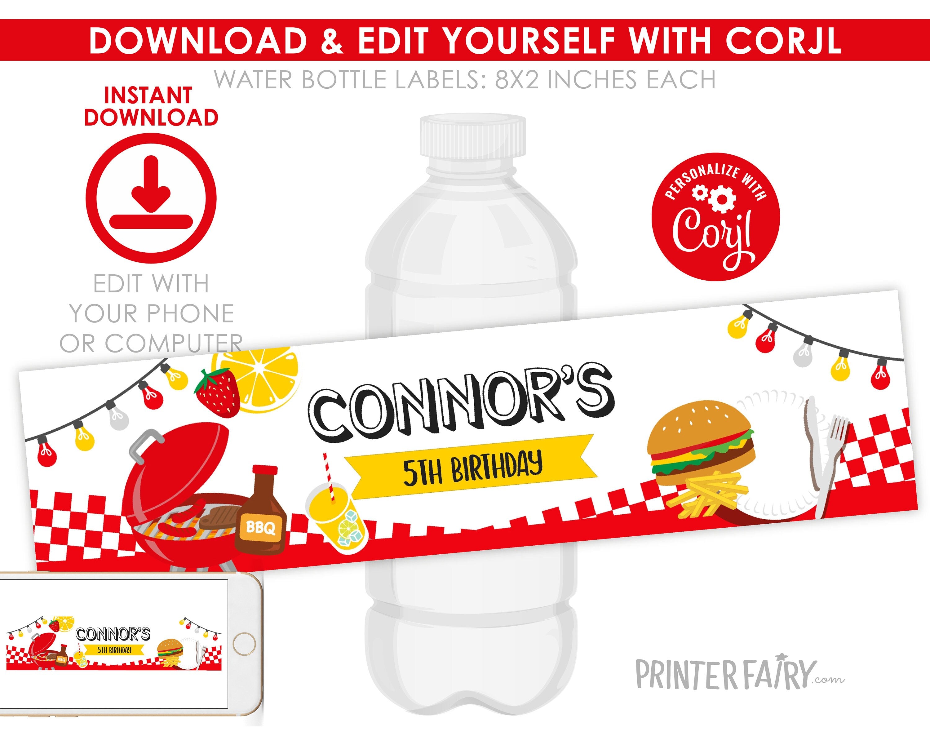 BBQ Party Water Bottle Label Editable Template, Party Decorations, Instant Download