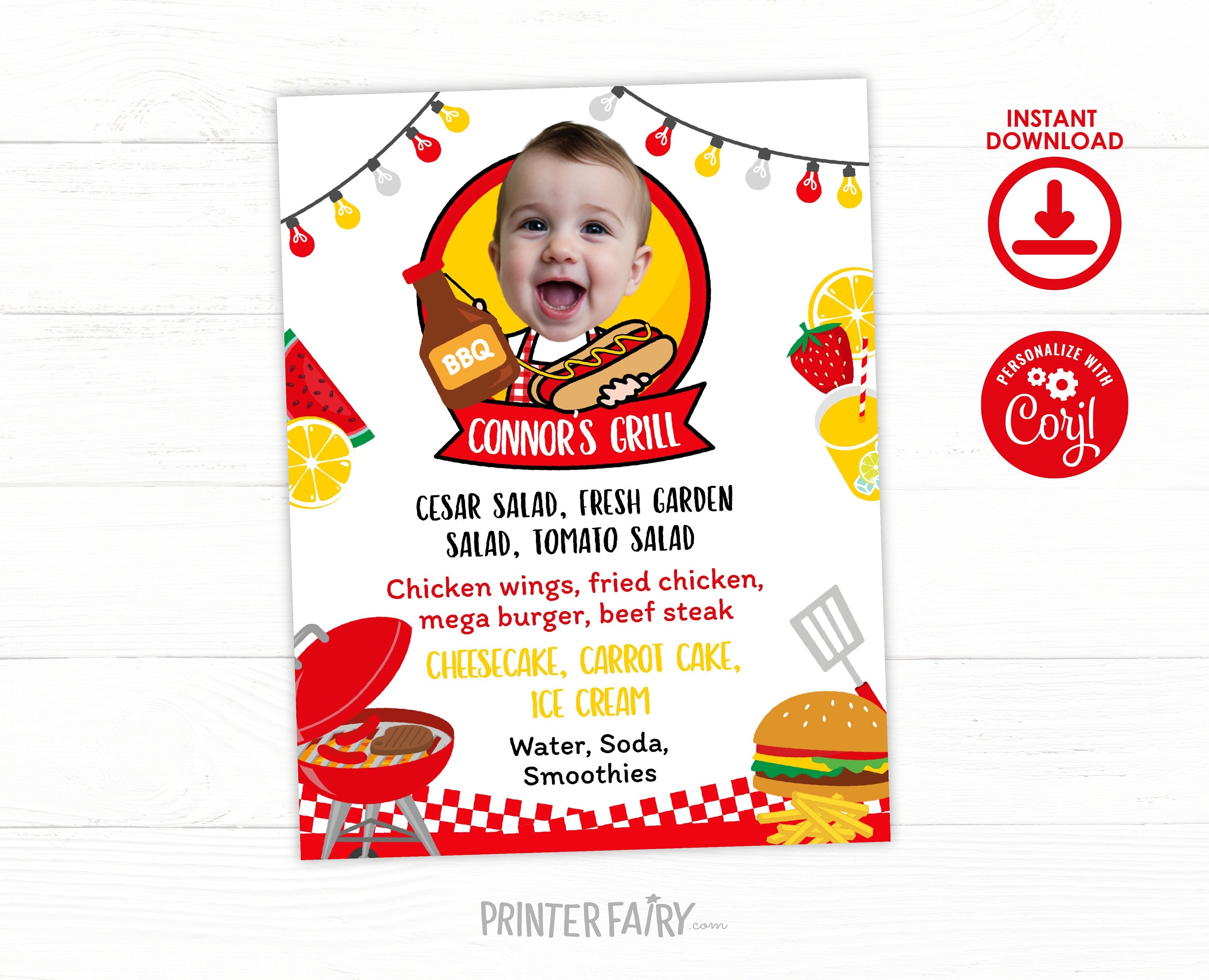 BBQ Party Menu Sign with Photo Editable Template, Instant Download
