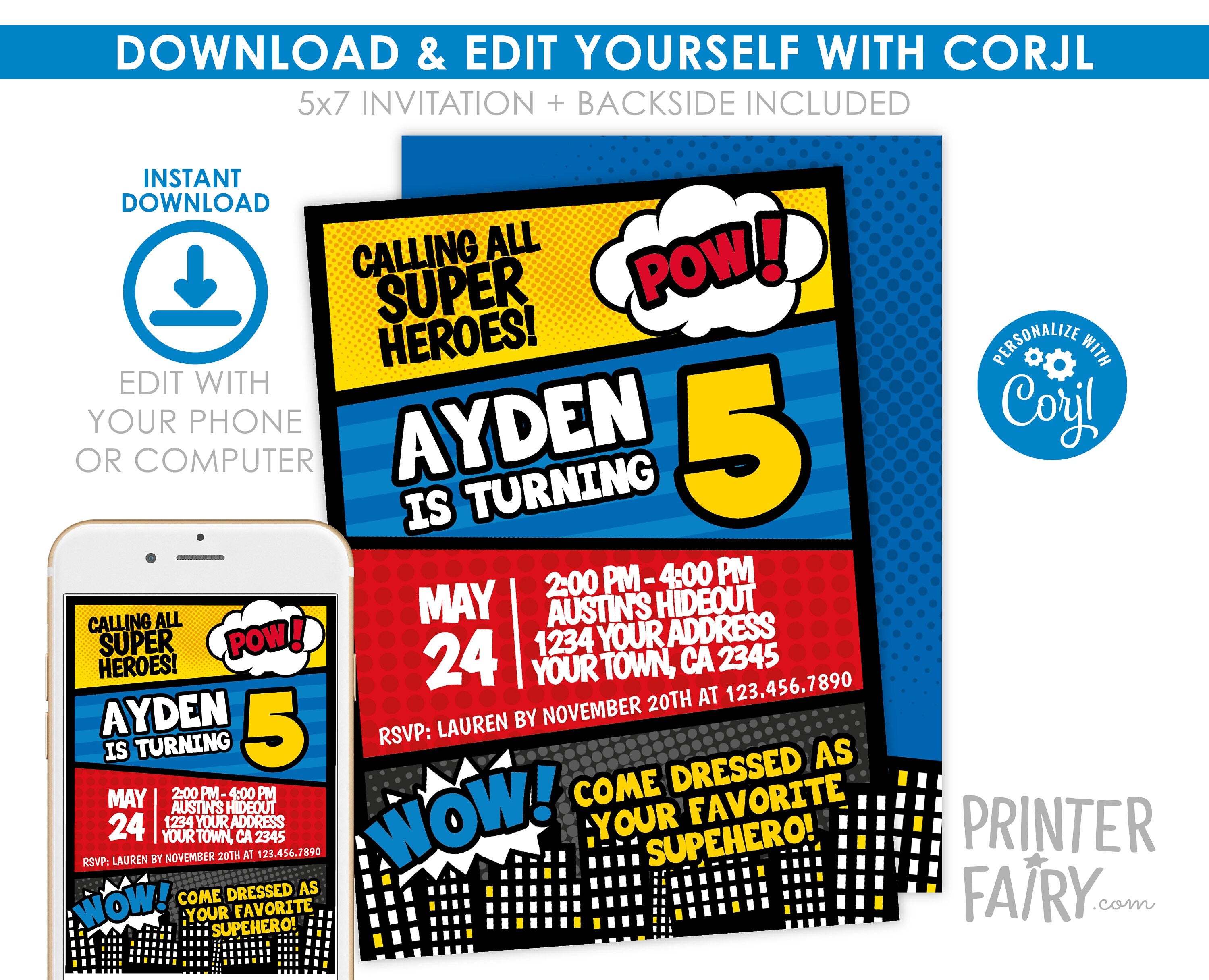 Superhero Birthday Invitation EDITABLE Template, INSTANT DOWNLOAD