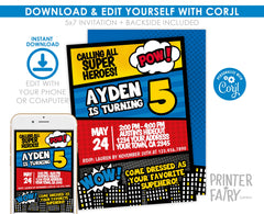 Superhero Birthday Invitation EDITABLE Template, INSTANT DOWNLOAD