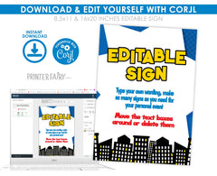 Superhero Birthday Party Sign Editable Template in two colors INSTANT DOWNLOAD