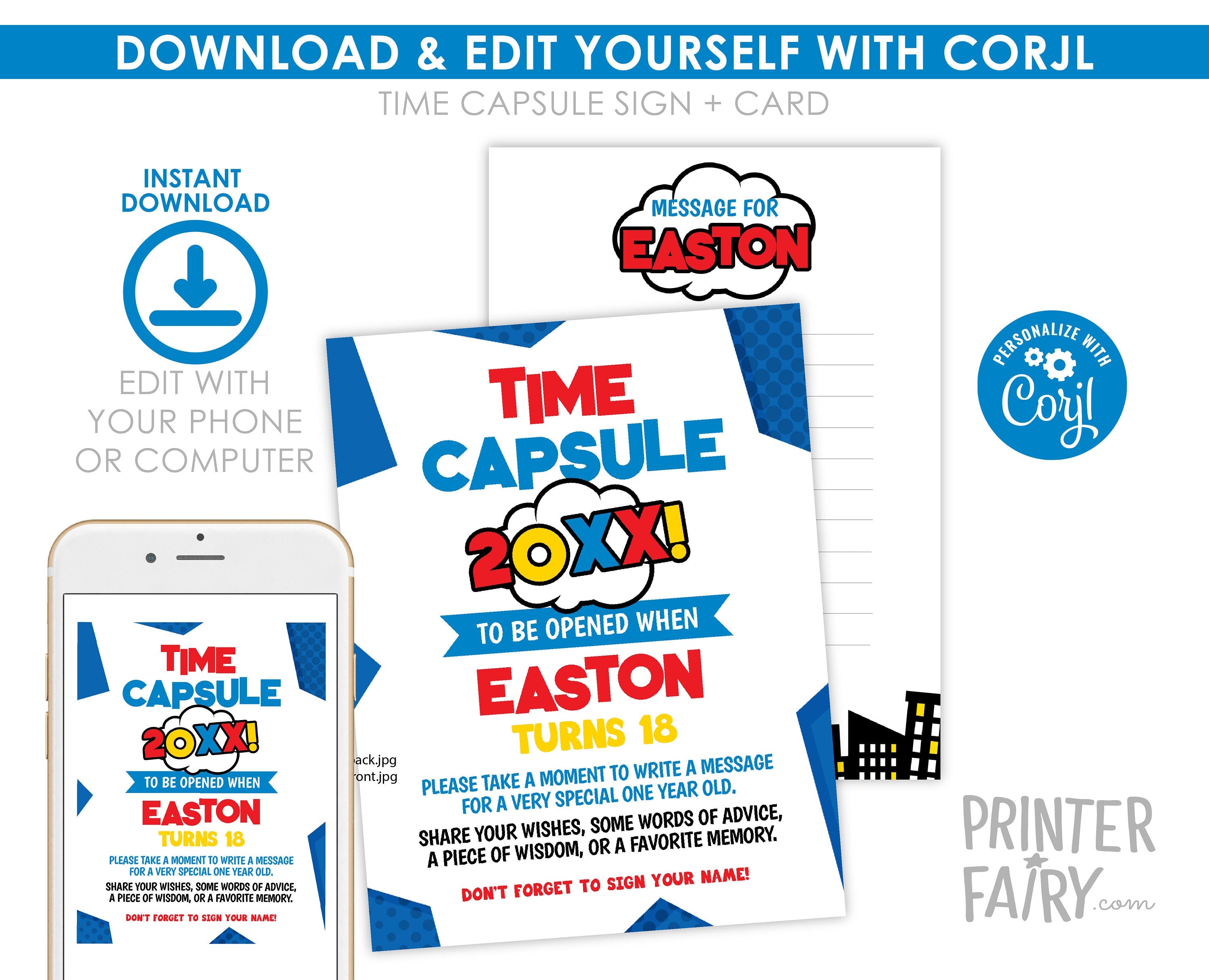 Superhero First Birthday Time Capsule, Editable Comic Party Game (Digital Download)
