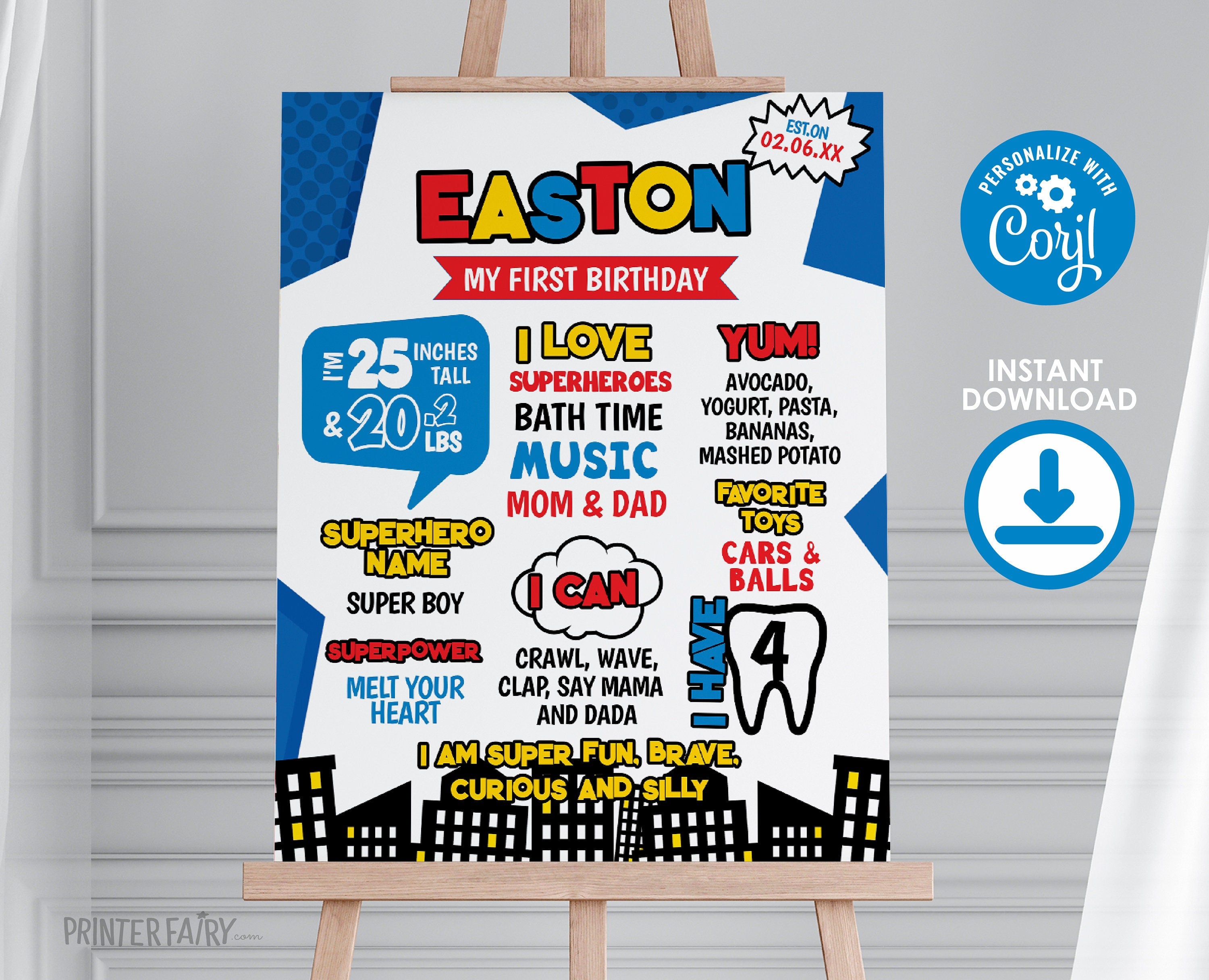Superhero First Birthday Stats Sign Editable Template, INSTANT DOWNLOAD