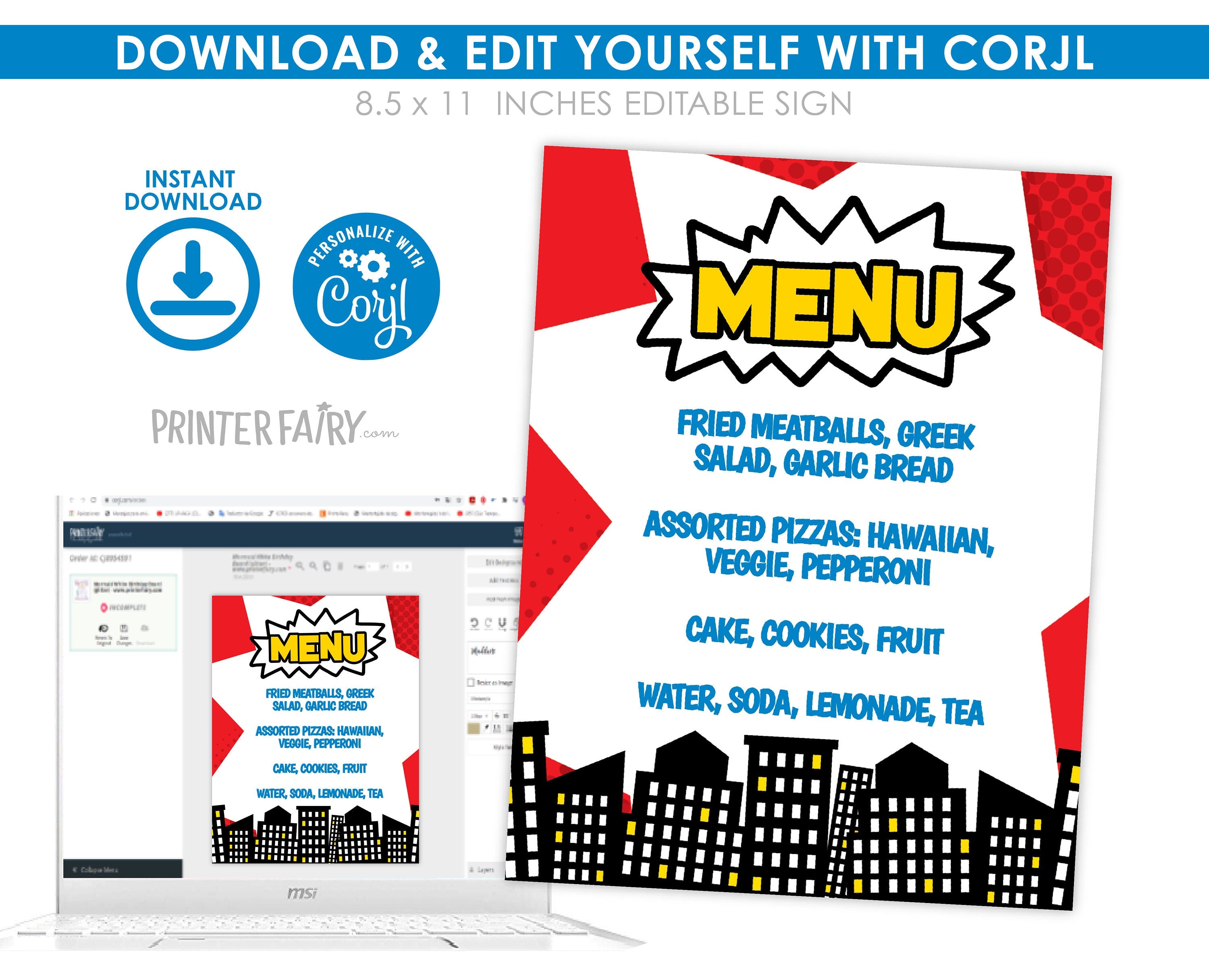 Superhero Birthday Party Menu Editable Sign Template, Instant Download