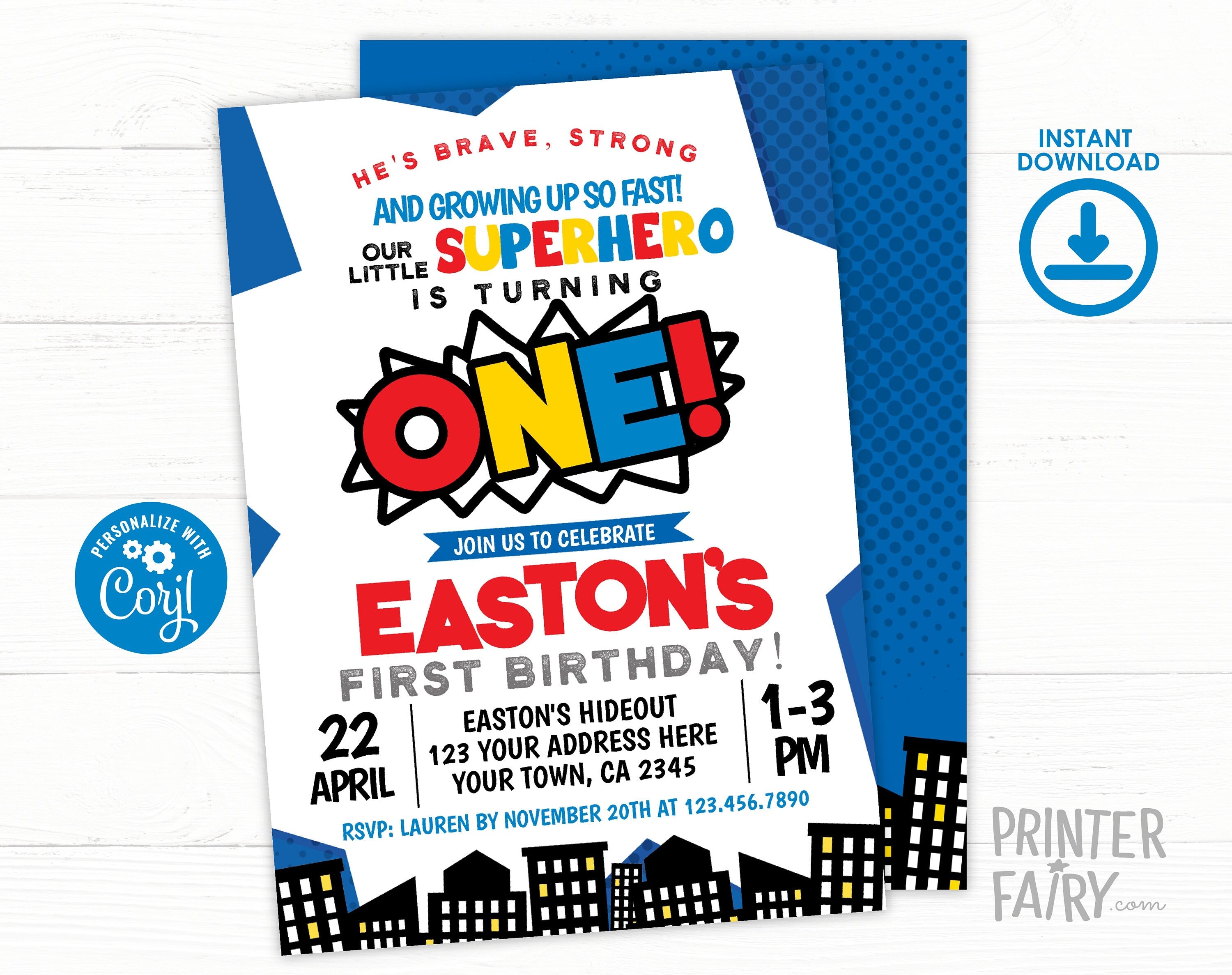 Superhero First Birthday Invitation Editable Template, INSTANT DOWNLOAD