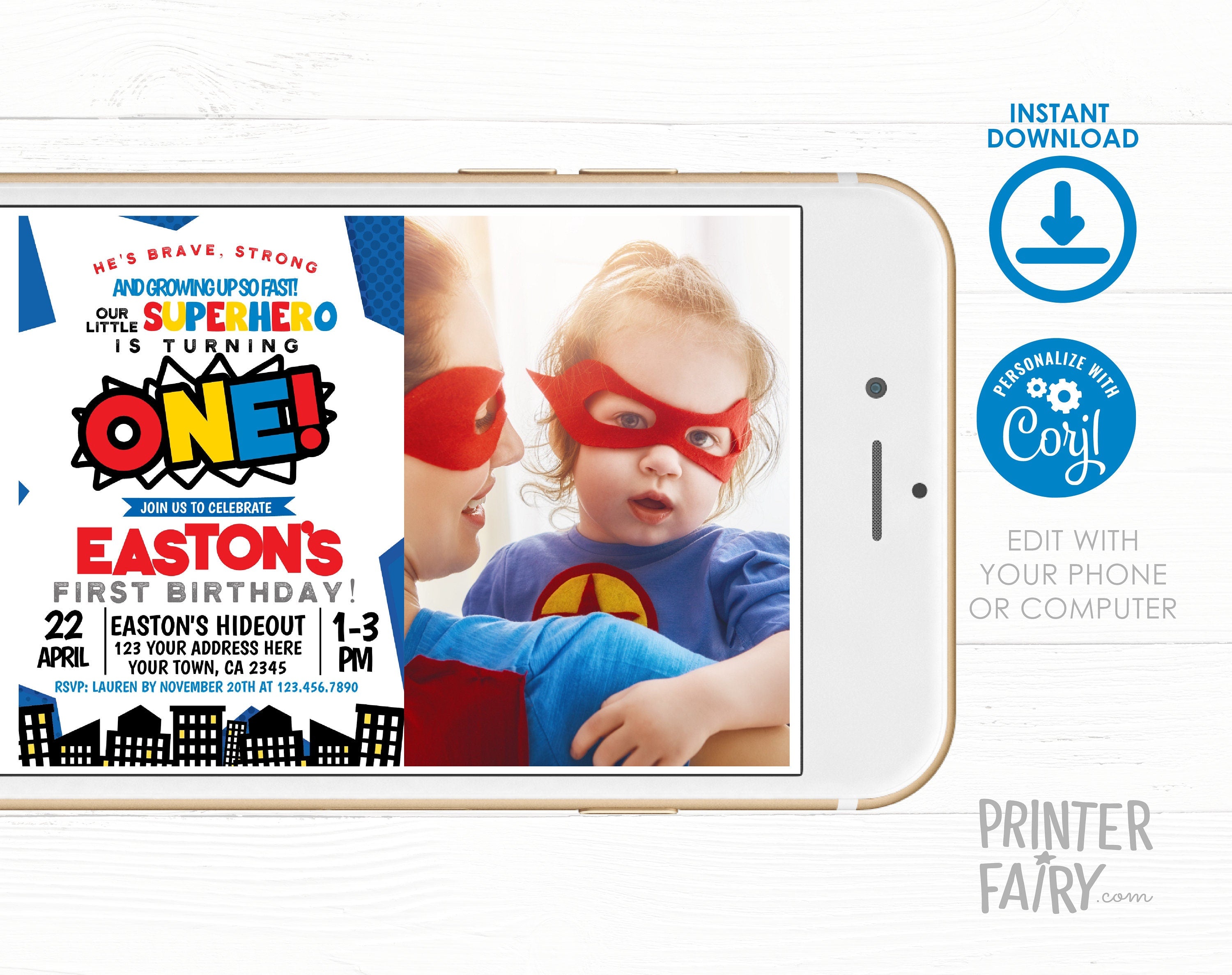 Superhero First Birthday Invitation with Photo Editable Template INSTANT DOWNLOAD