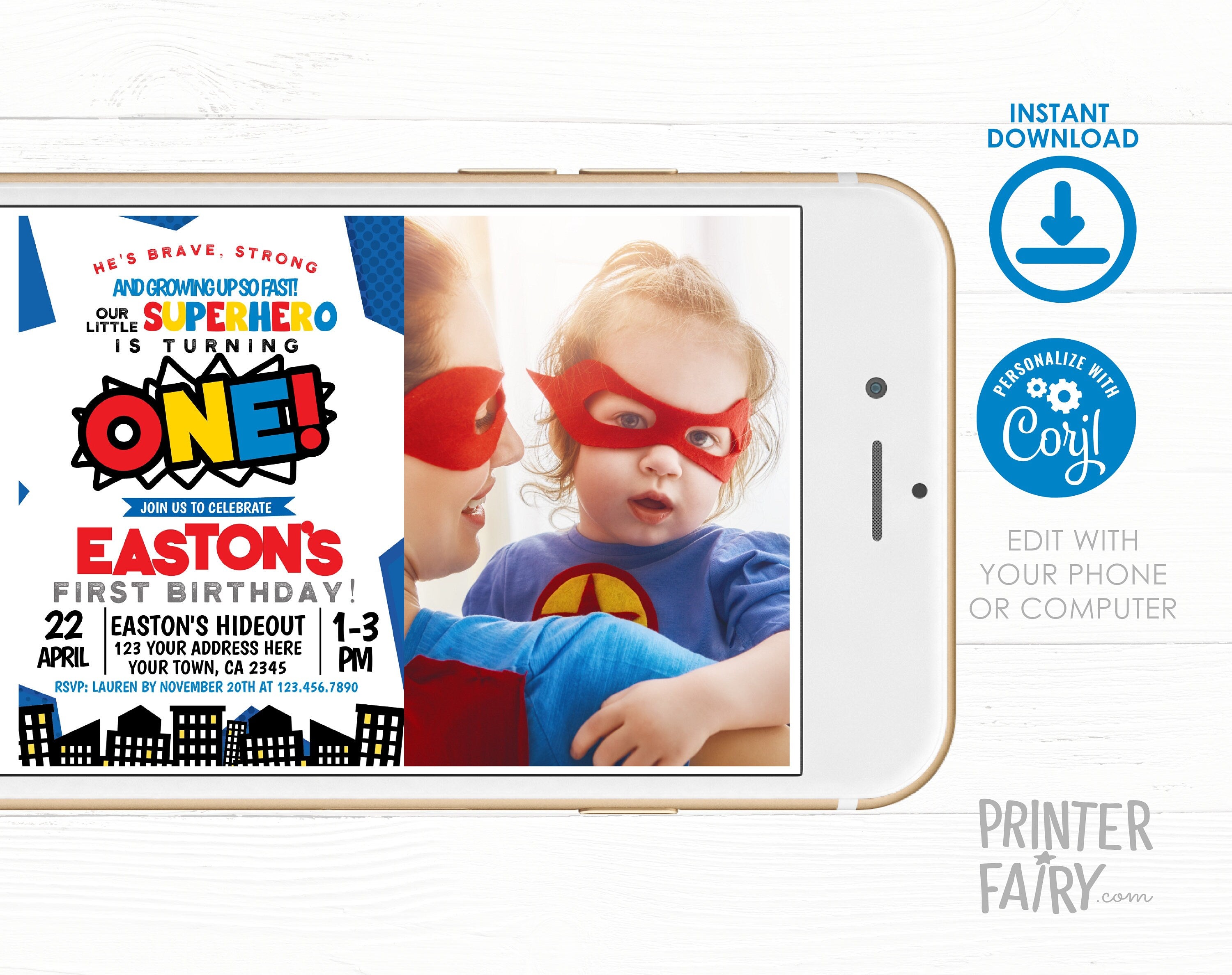 Superhero First Birthday Invitation with Photo Editable Template INSTANT DOWNLOAD