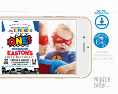 Superhero First Birthday Invitation with Photo Editable Template INSTANT DOWNLOAD