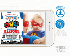 Superhero First Birthday Invitation with Photo Editable Template INSTANT DOWNLOAD
