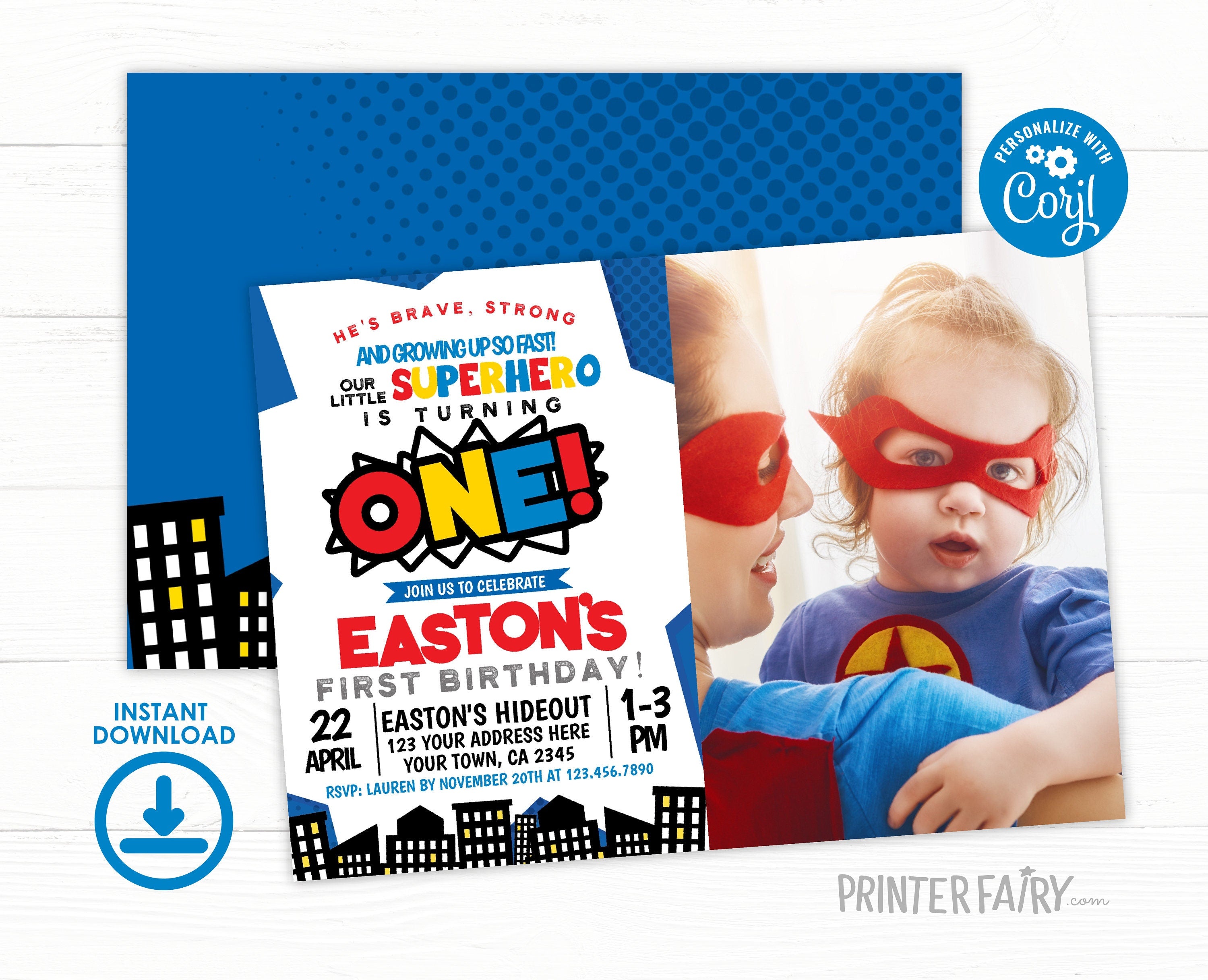 Superhero First Birthday Invitation with Photo Editable Template INSTANT DOWNLOAD
