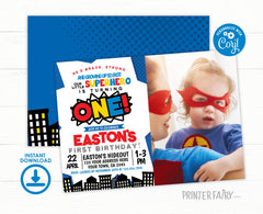 Superhero First Birthday Invitation with Photo Editable Template INSTANT DOWNLOAD