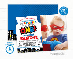 Superhero First Birthday Invitation with Photo Editable Template INSTANT DOWNLOAD