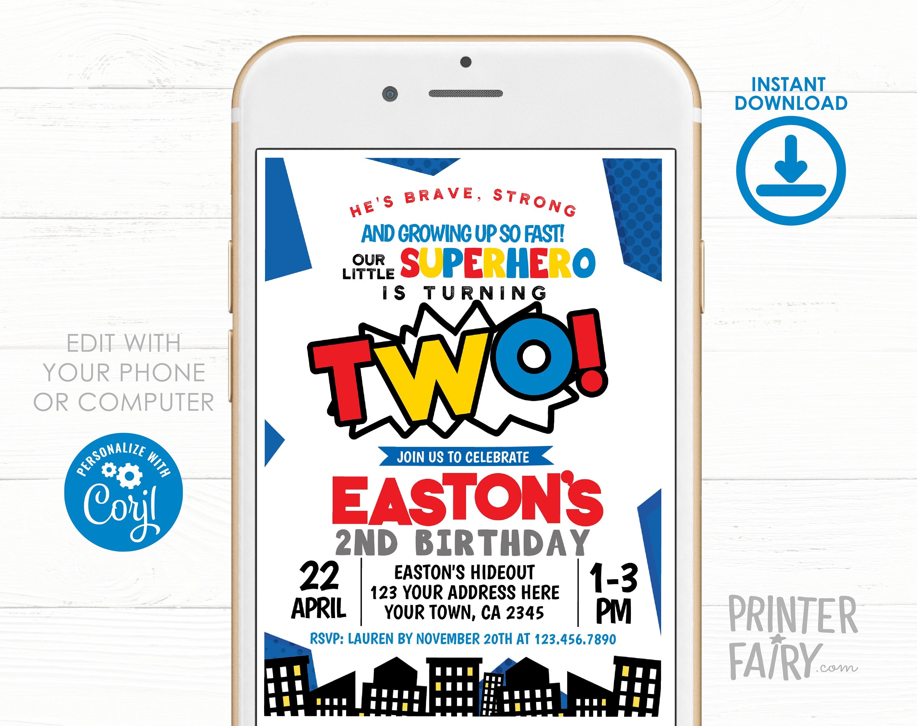 Superhero Second Birthday Invitation, Editable Comic Party Invite (Digital Download)