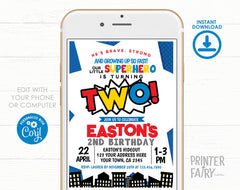 Superhero Second Birthday Invitation, Editable Comic Party Invite (Digital Download)