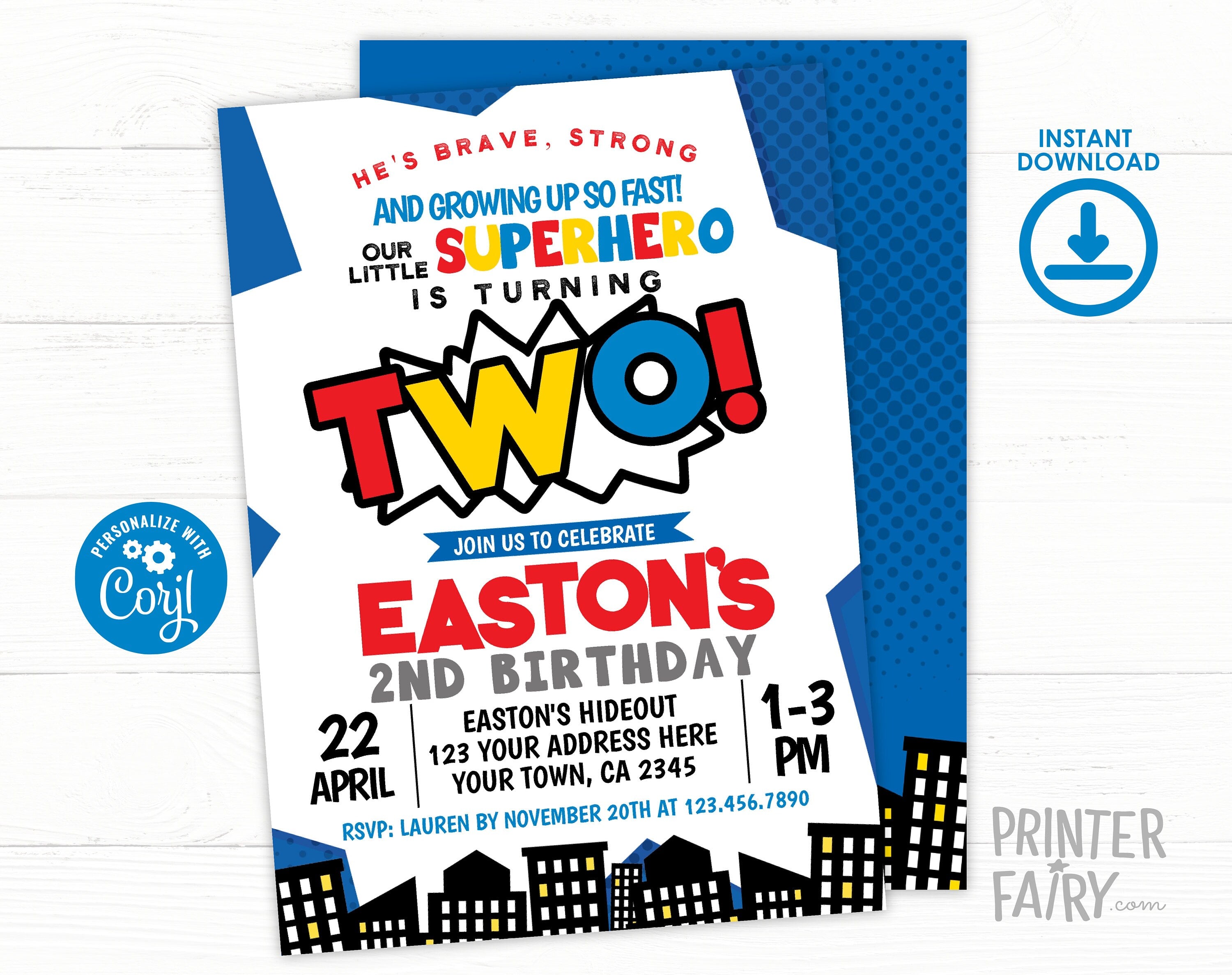 Superhero Second Birthday Invitation, Editable Comic Party Invite (Digital Download)