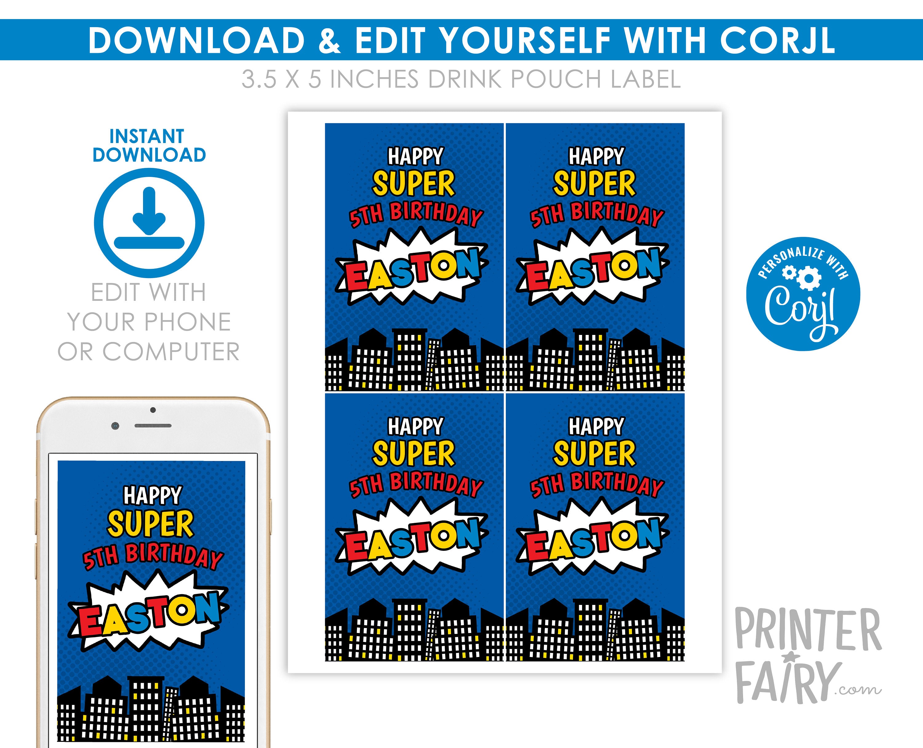 Superhero Birthday Drink Pouch Label Editable Template INSTANT DOWNLOAD
