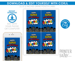 Superhero Birthday Drink Pouch Label Editable Template INSTANT DOWNLOAD