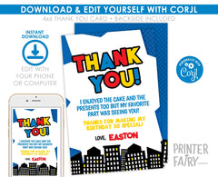 Superhero Birthday Thank You Card Editable TEMPLATE INSTANT DOWNLOAD