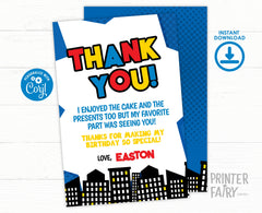 Superhero Birthday Thank You Card Editable TEMPLATE INSTANT DOWNLOAD
