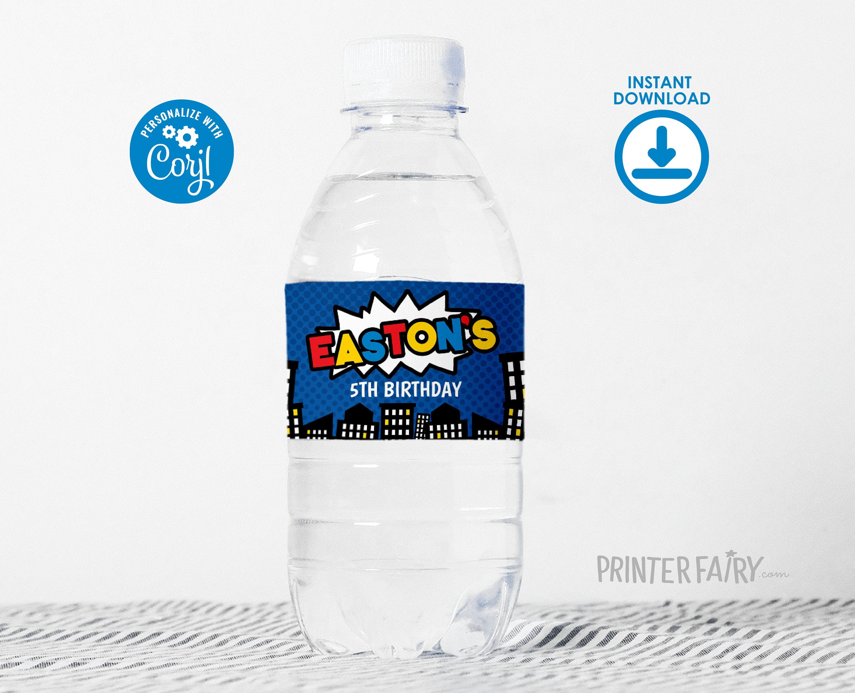 Superhero Water Bottle Label Editable Template INSTANT DOWNLOAD