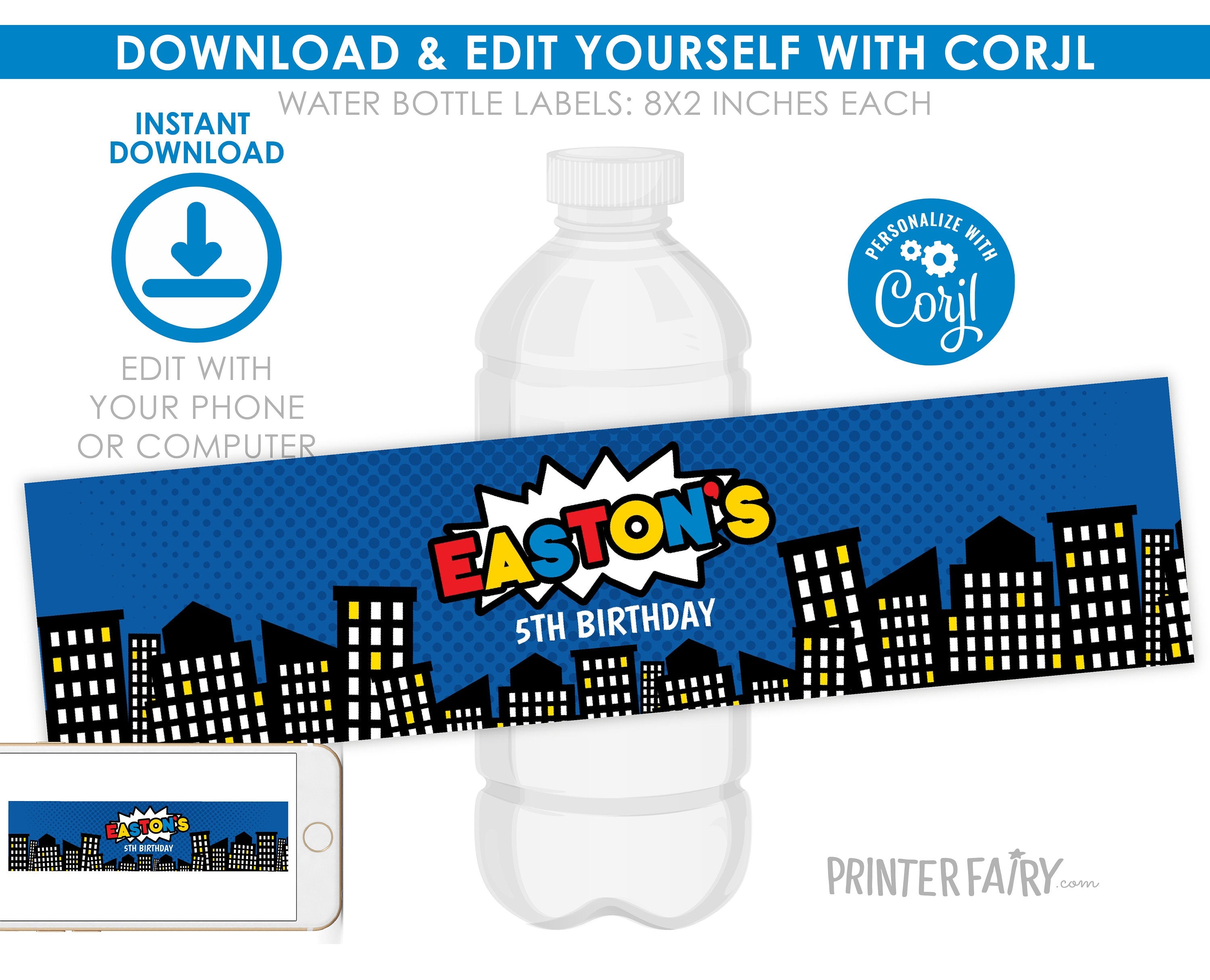 Superhero Water Bottle Label Editable Template INSTANT DOWNLOAD