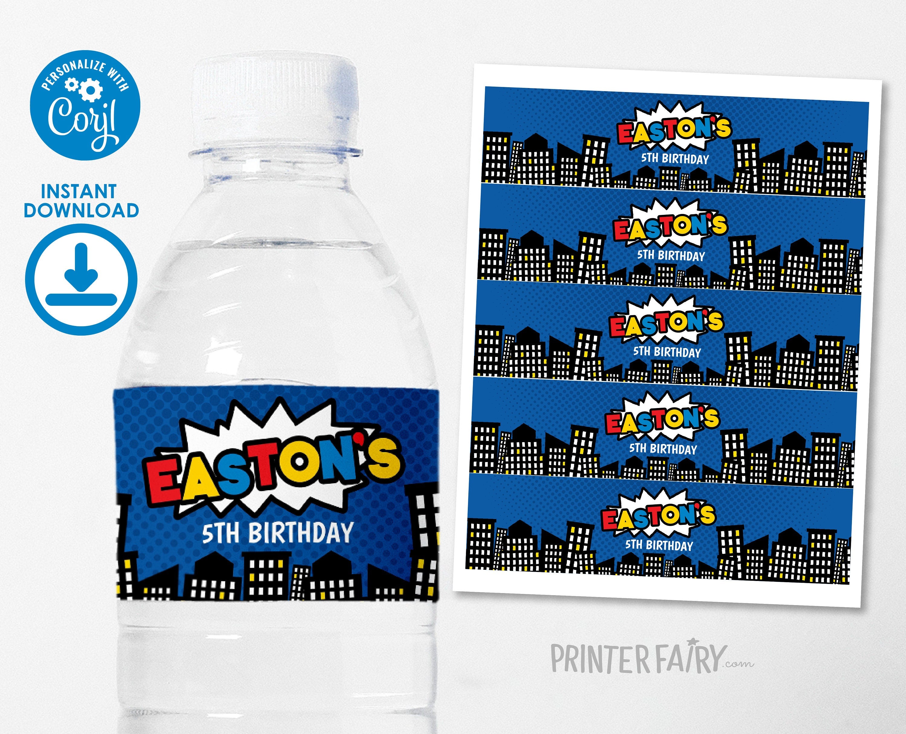 Superhero Water Bottle Label Editable Template INSTANT DOWNLOAD