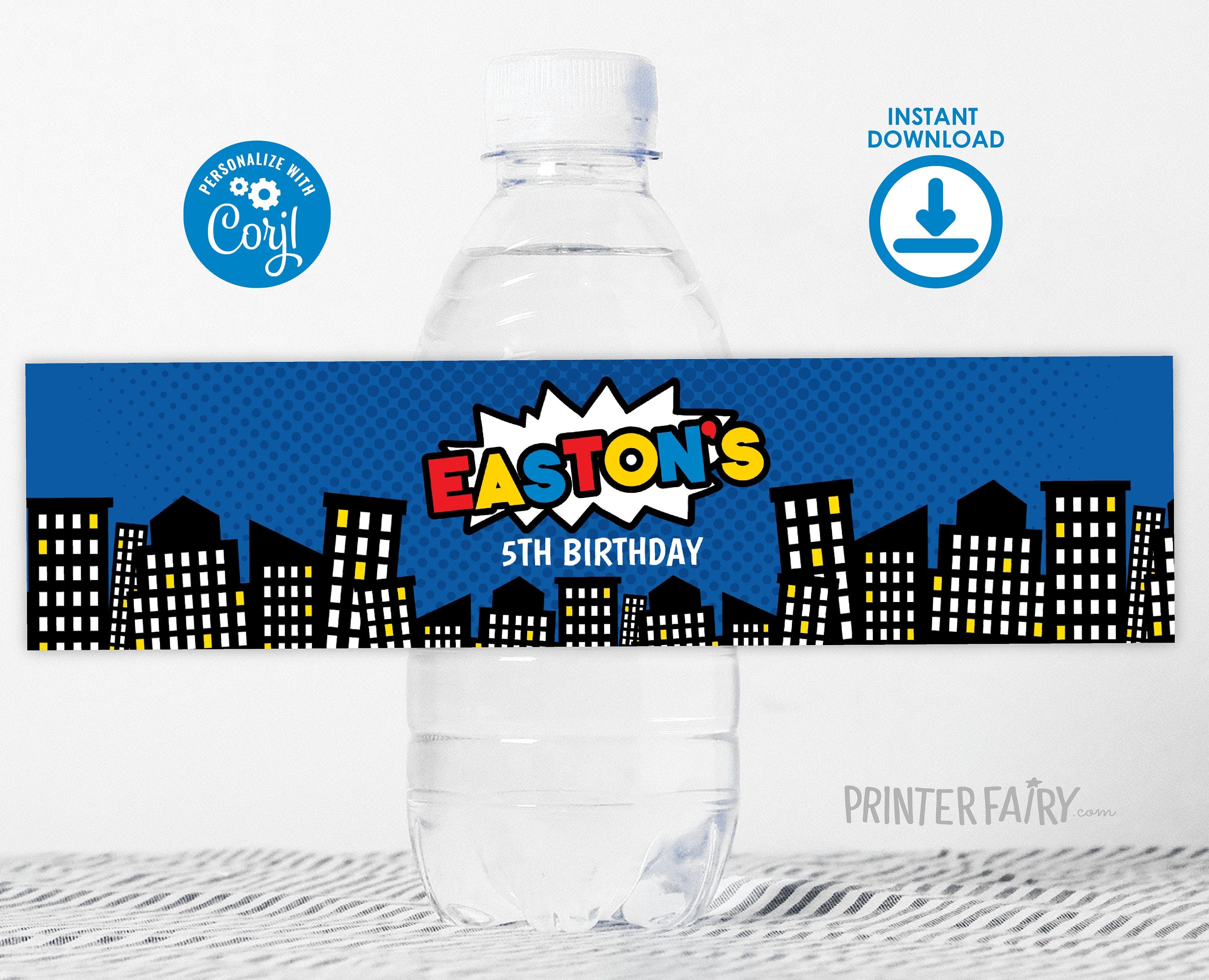 Superhero Water Bottle Label Editable Template INSTANT DOWNLOAD