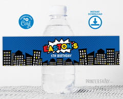 Superhero Water Bottle Label Editable Template INSTANT DOWNLOAD