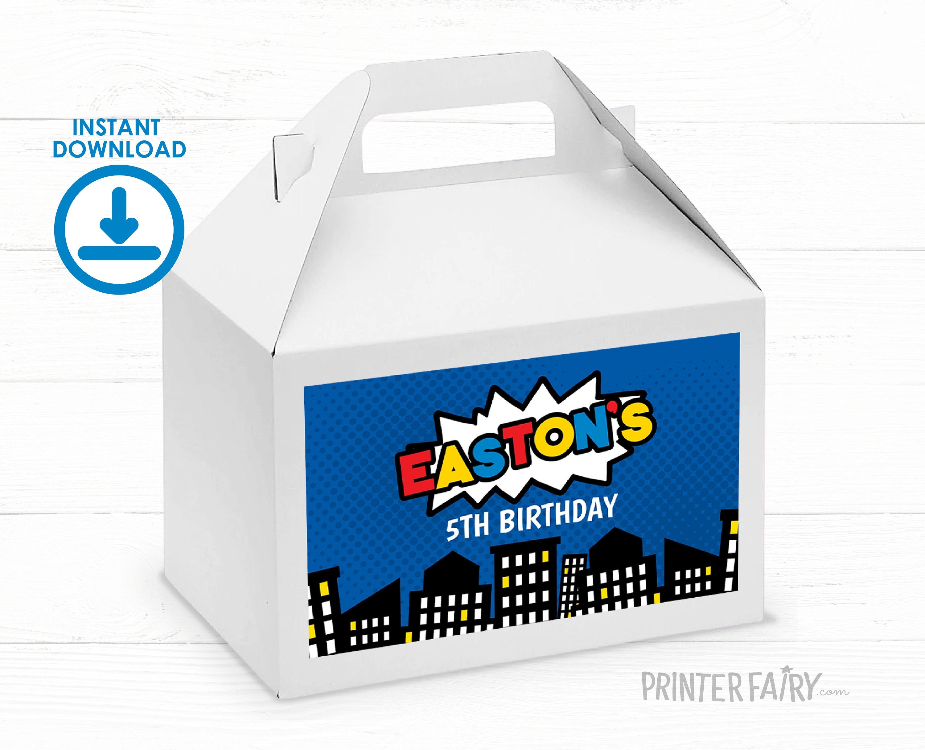 Superhero Birthday Gable Box Label, Comic Party Favor Box (Digital Download)