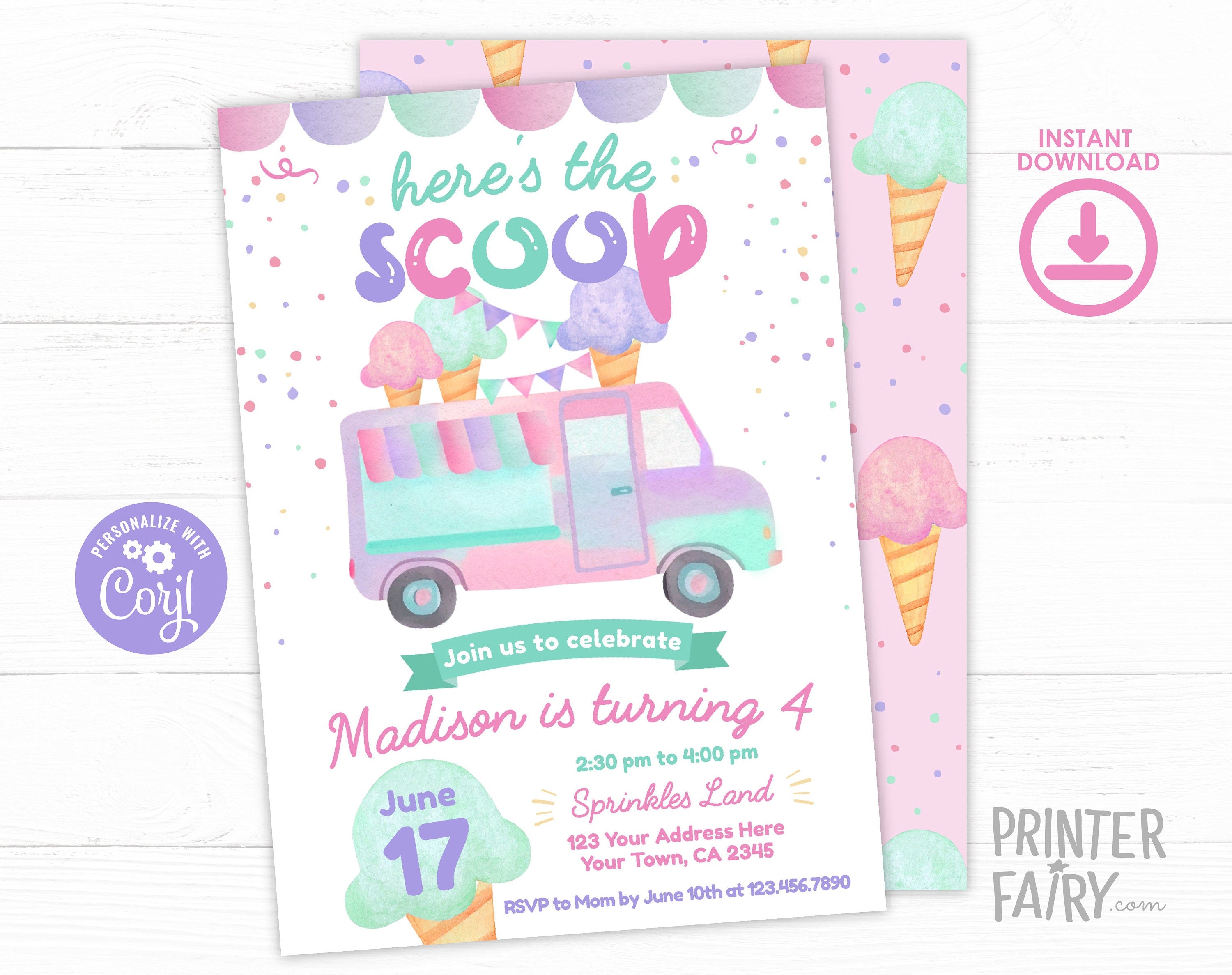 Ice Cream Truck Birthday Invitation, Editable Template (Digital Download)